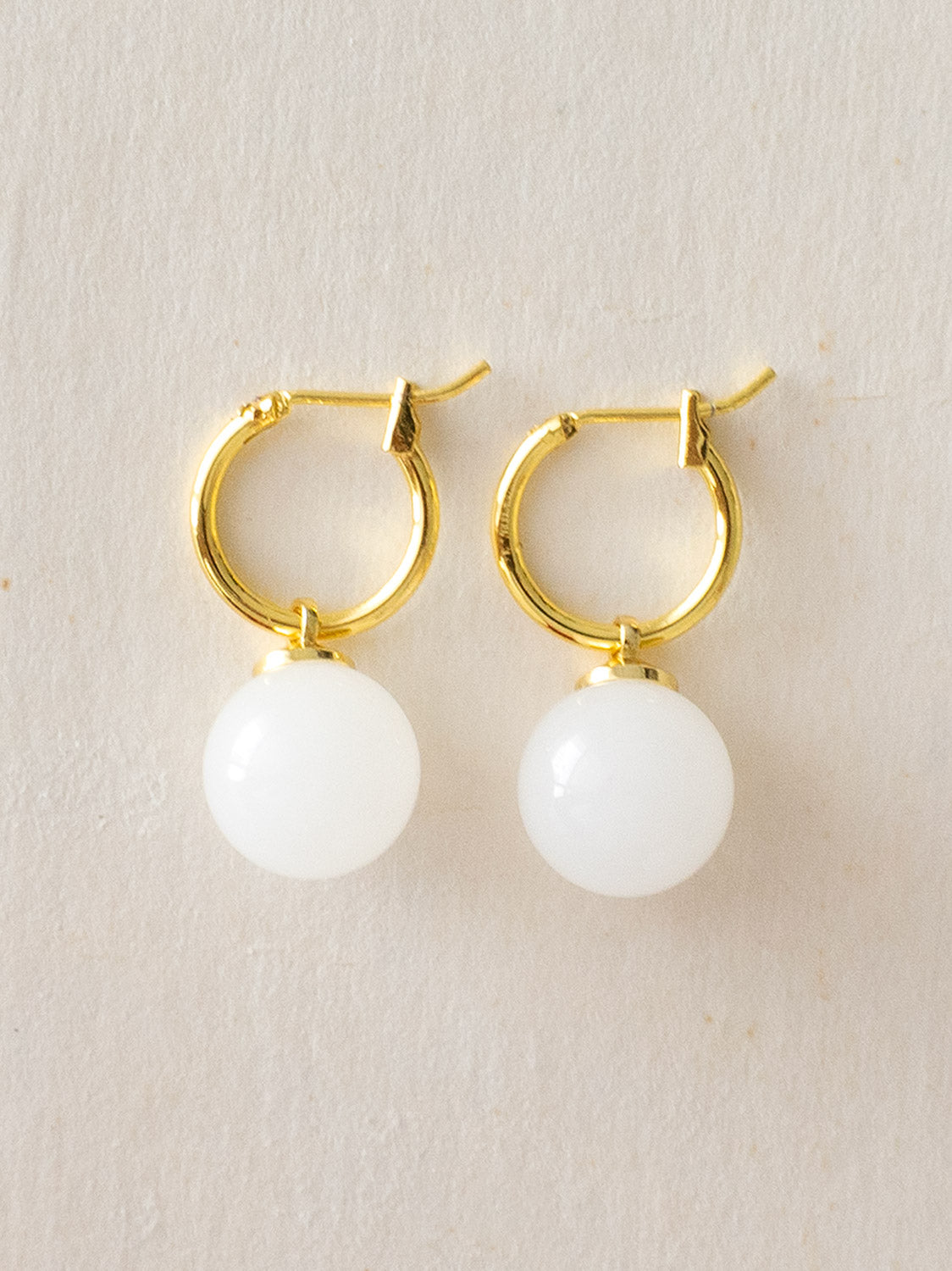White Jade Ball Hoops, S925 - Gold