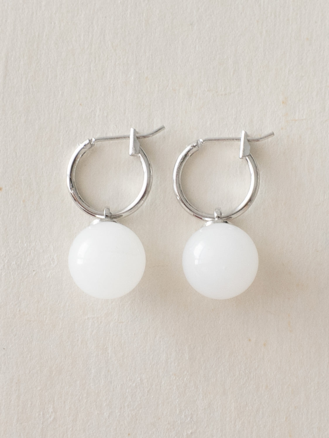 White Jade Ball Hoops, S925 - Silver