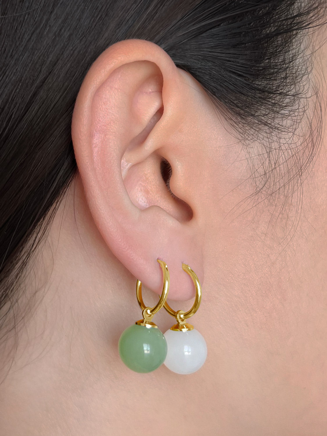 Green Jade Ball Hoops, S925 - Gold