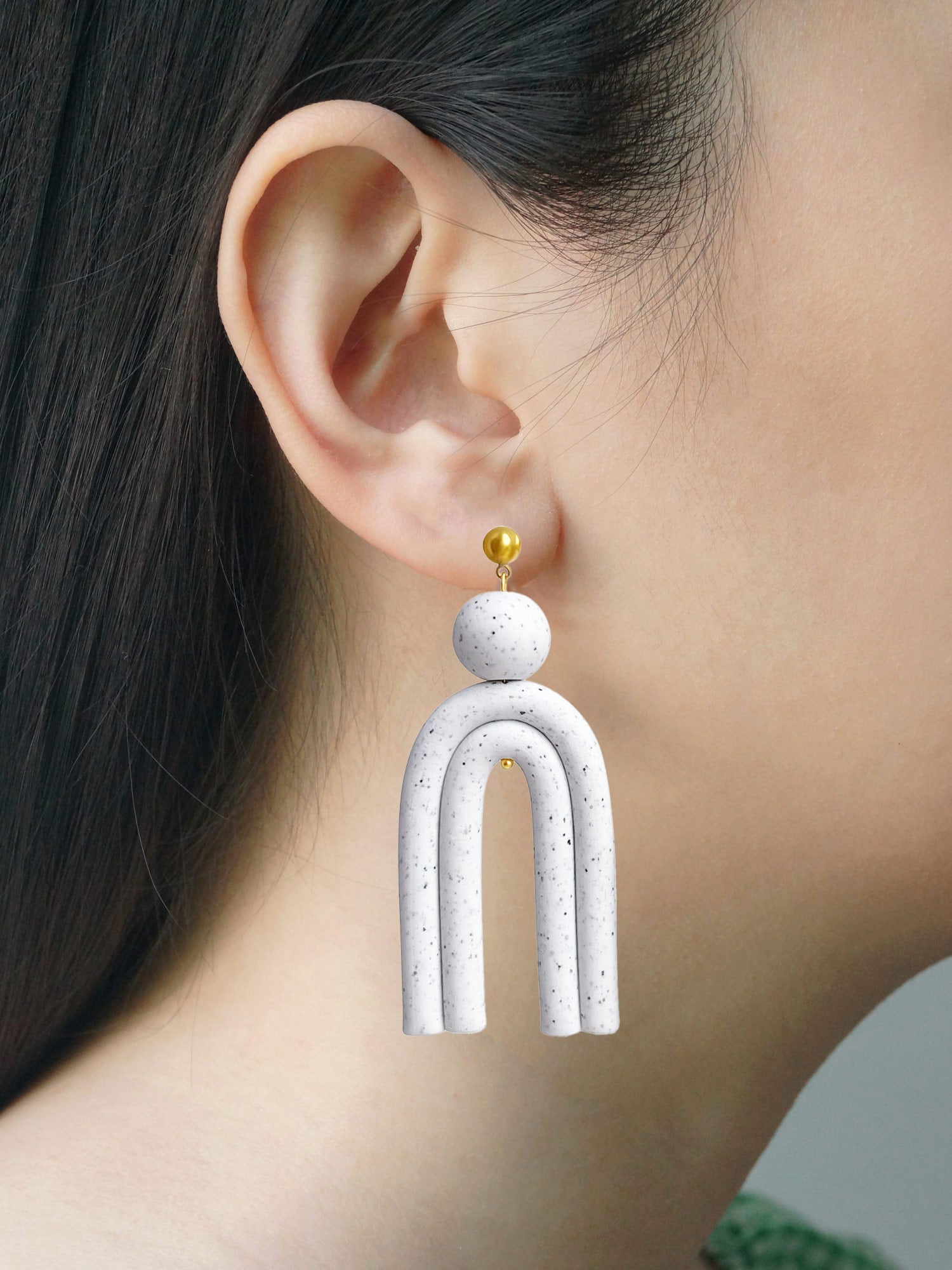 Geometric Earrings with Long Arch - White Speckles