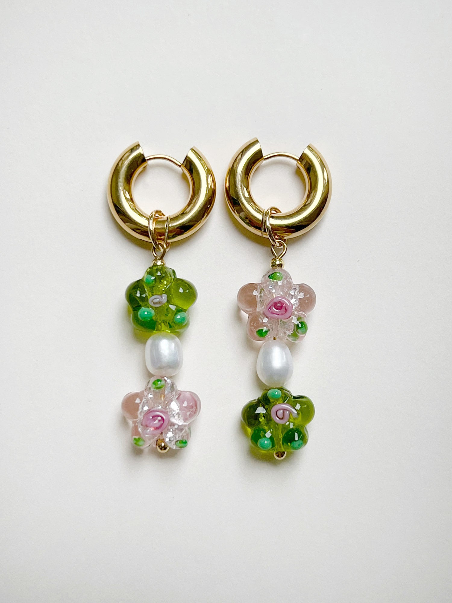 Glass Flower Asymmetric Chunky Hoops - Pink/Apple Green