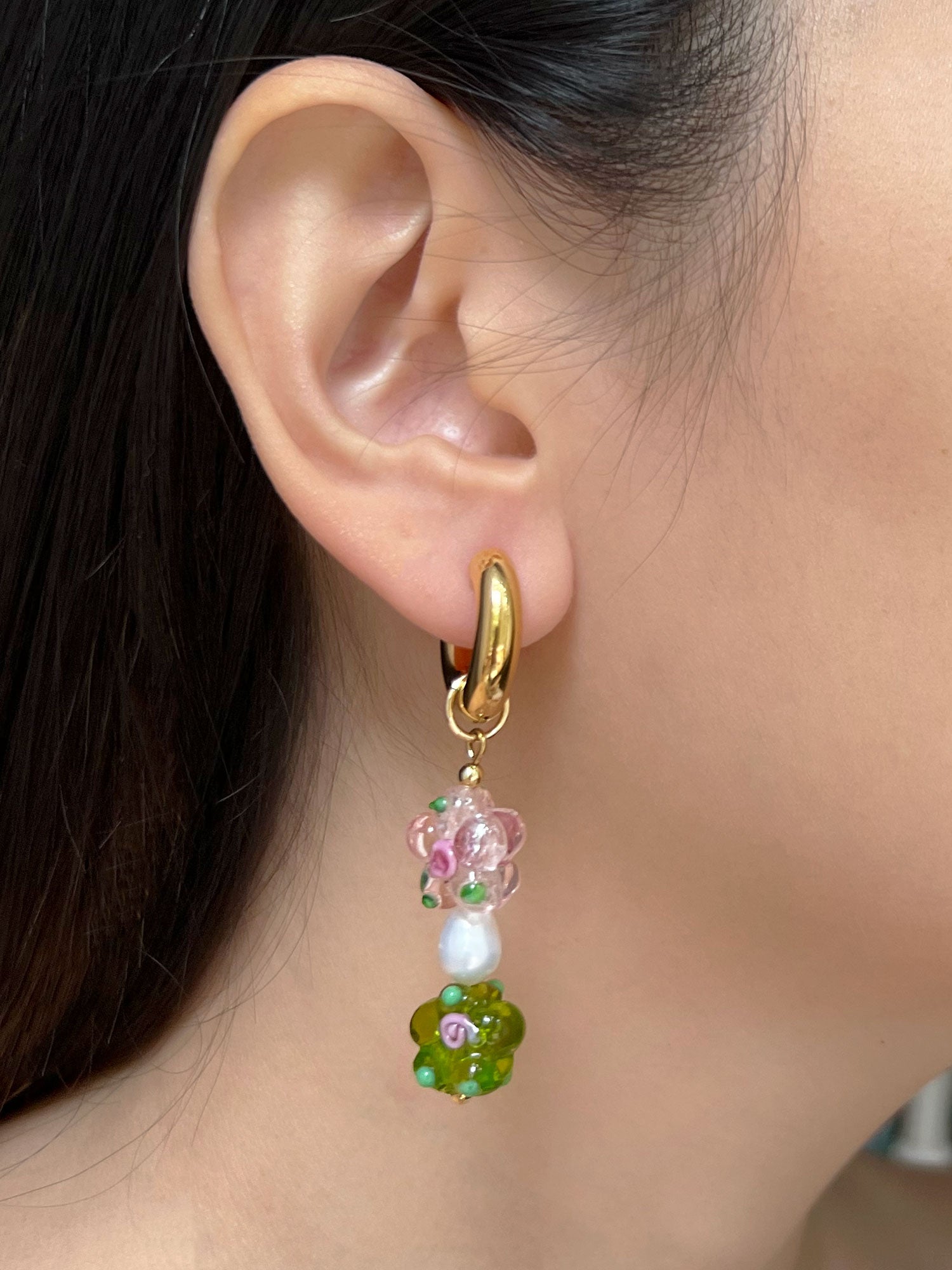 Glass Flower Asymmetric Chunky Hoops - Pink/Apple Green