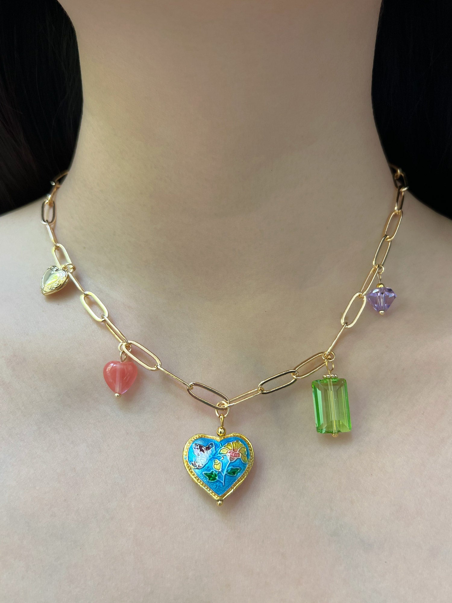 blue cloisonne heart charmnecklace