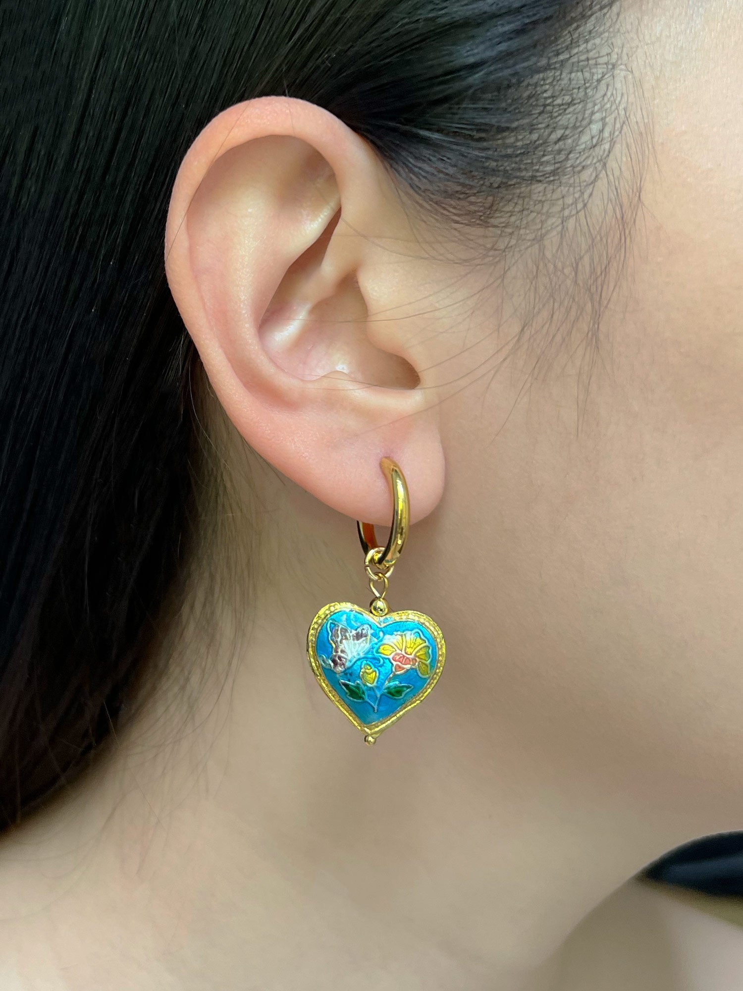 blue cloisonne heart hoops