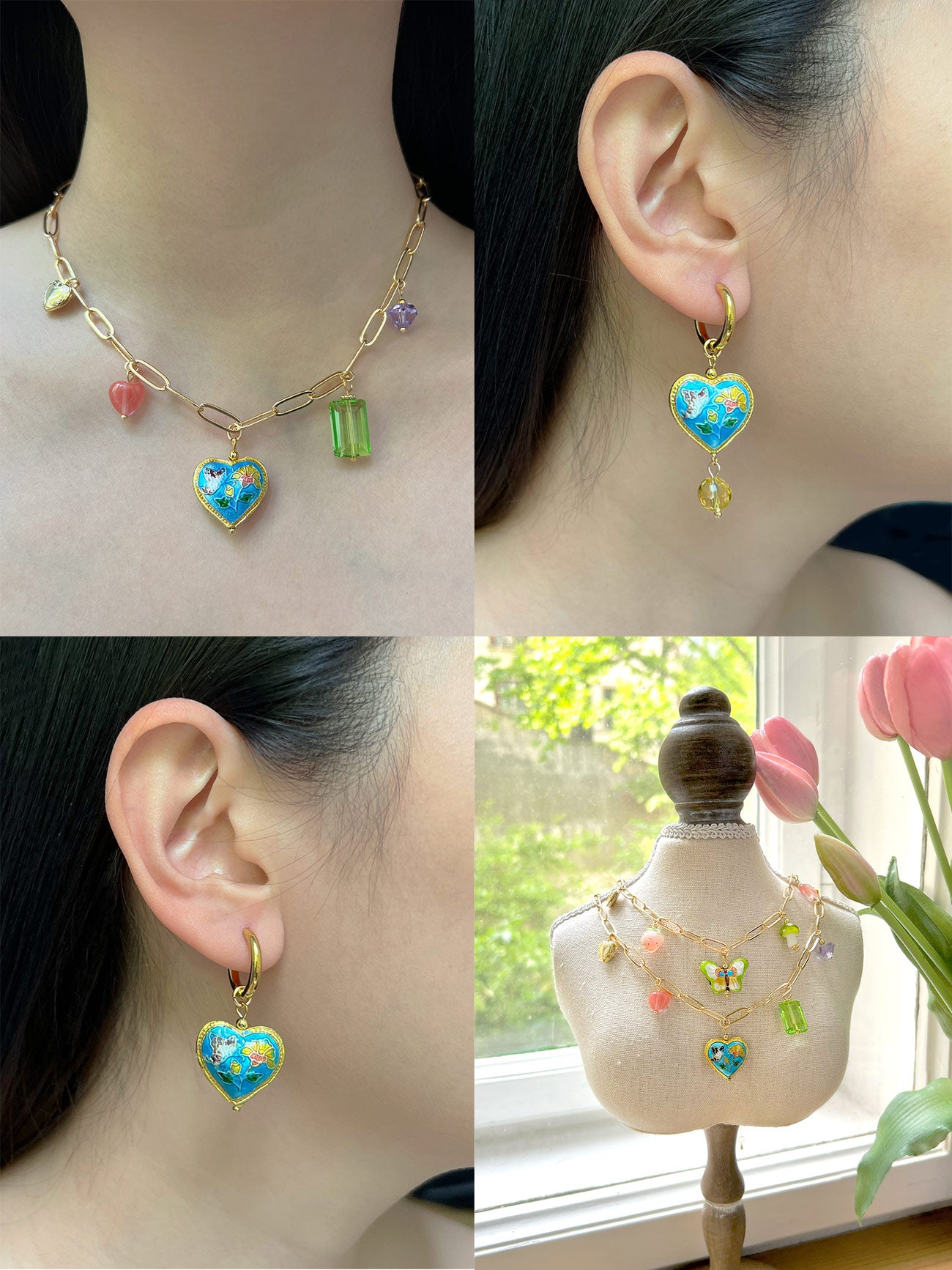 Heart Cloisonne Charm Necklace - Blue Heart/Glass Crystals