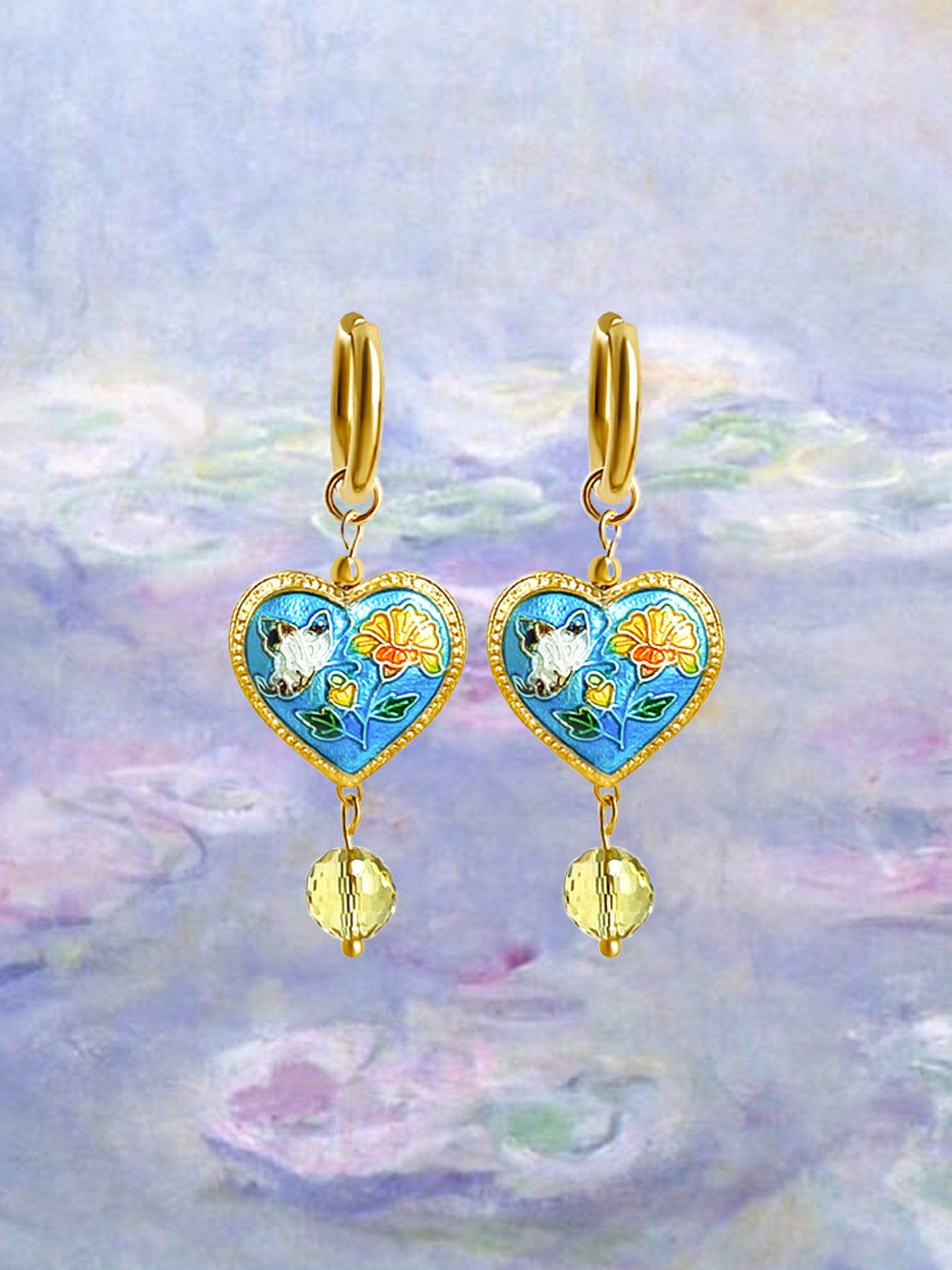 Heart Cloisonne Charm Necklace - Blue Heart/Glass Crystals