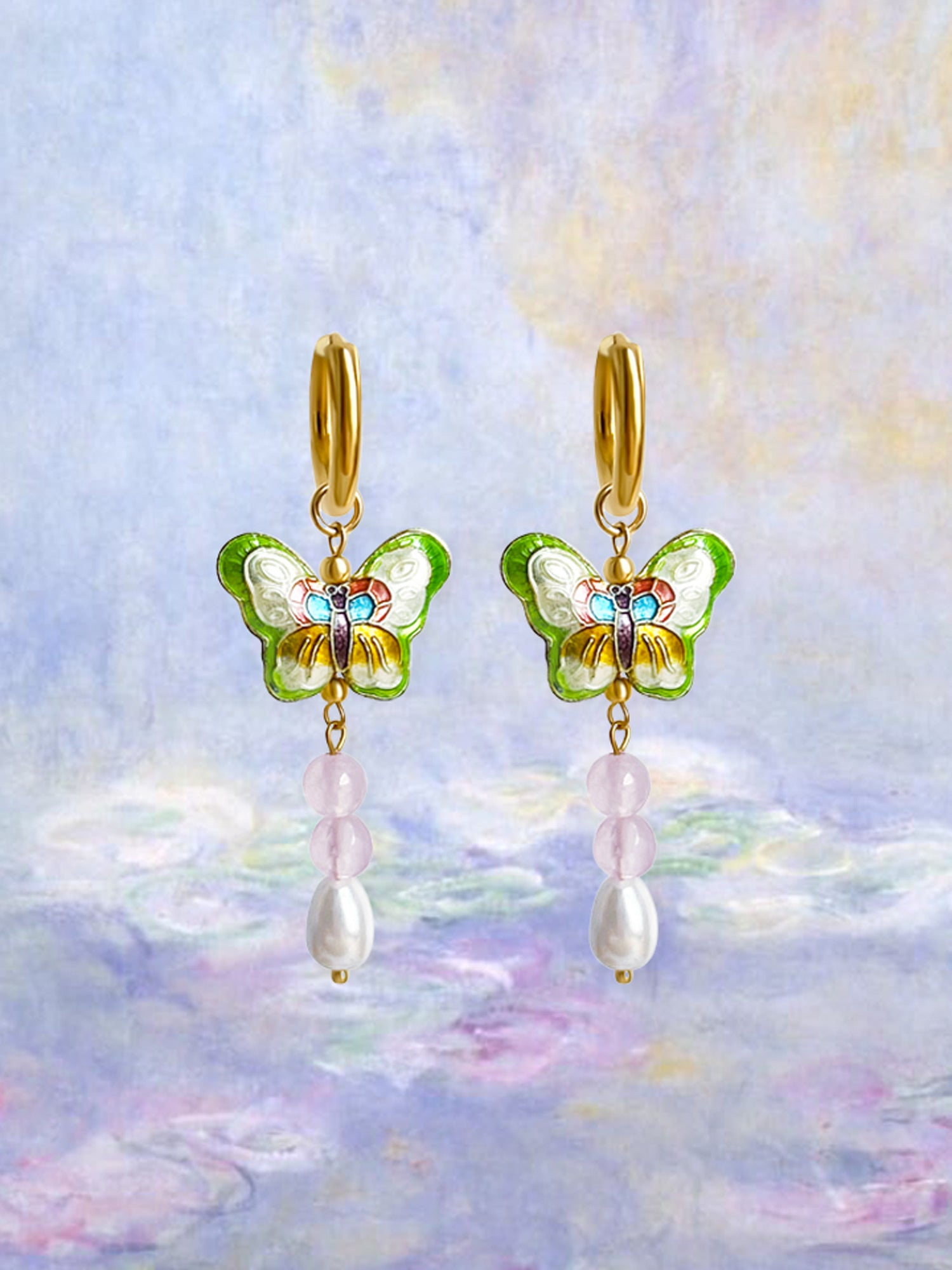 Butterfly Cloisonne Dangling Earrings - Rose Quartz/Teardrop Pearl