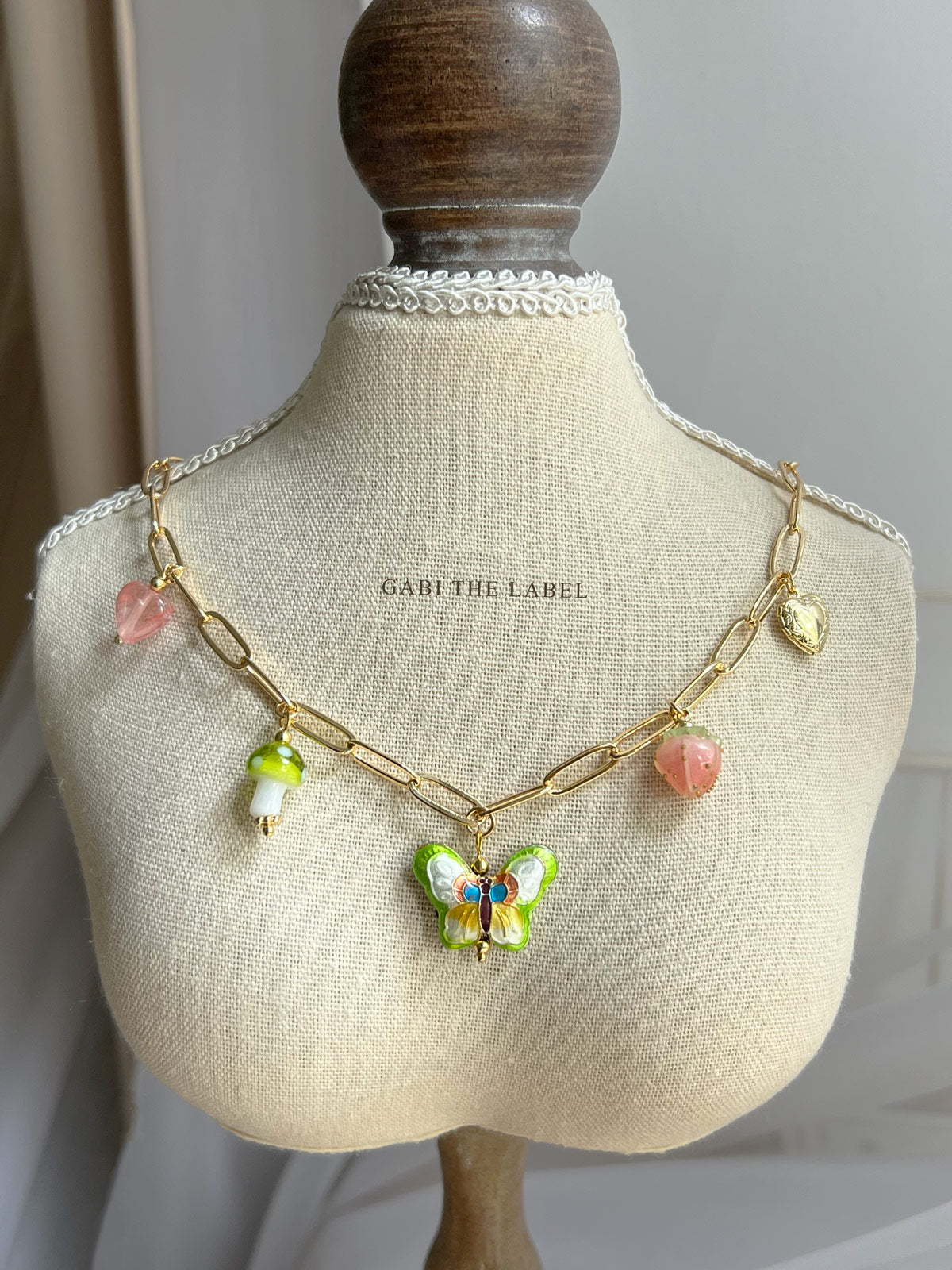 Butterfly Cloisonne Charm Necklace with Mushroom - Apple Green