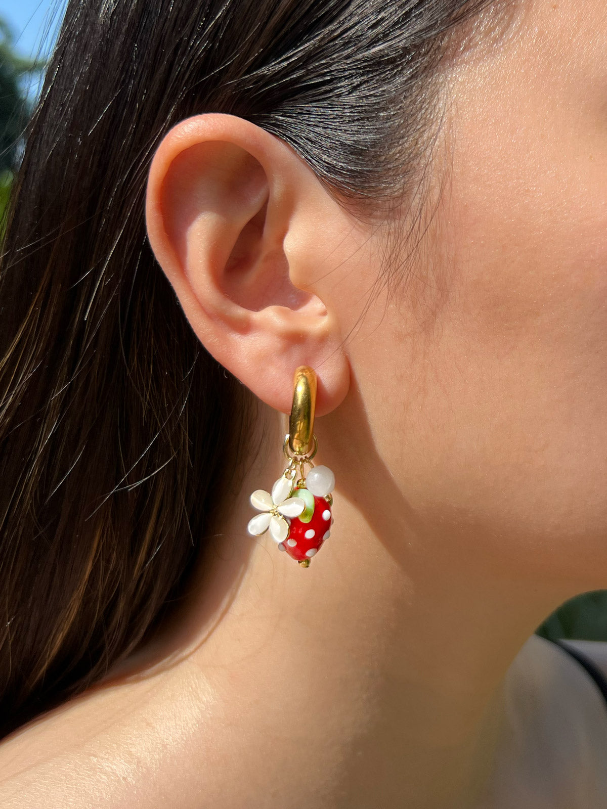 Chunky Strawberry Hoops with Assorted Charms - Red