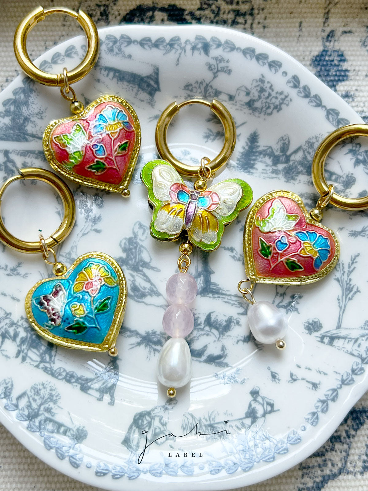 Butterfly Cloisonne Dangling Earrings - Rose Quartz/Teardrop Pearl