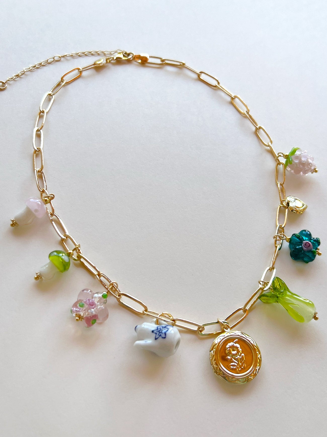 Eclectic Flower Locket Charm Necklace - Teapot, Glass Flowers & Mushrooms