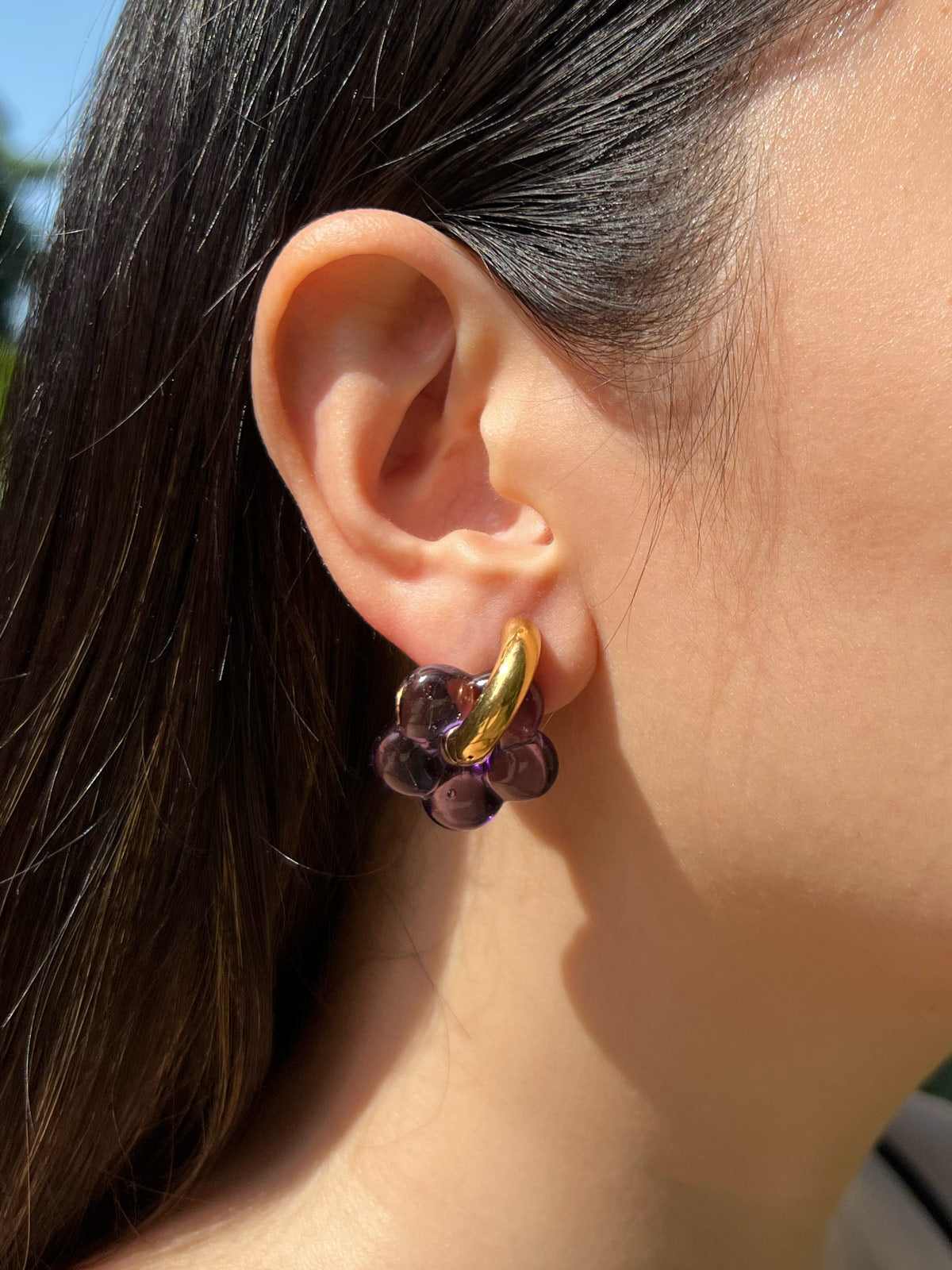 Glass Flower Donut Hoops - Dark Purple
