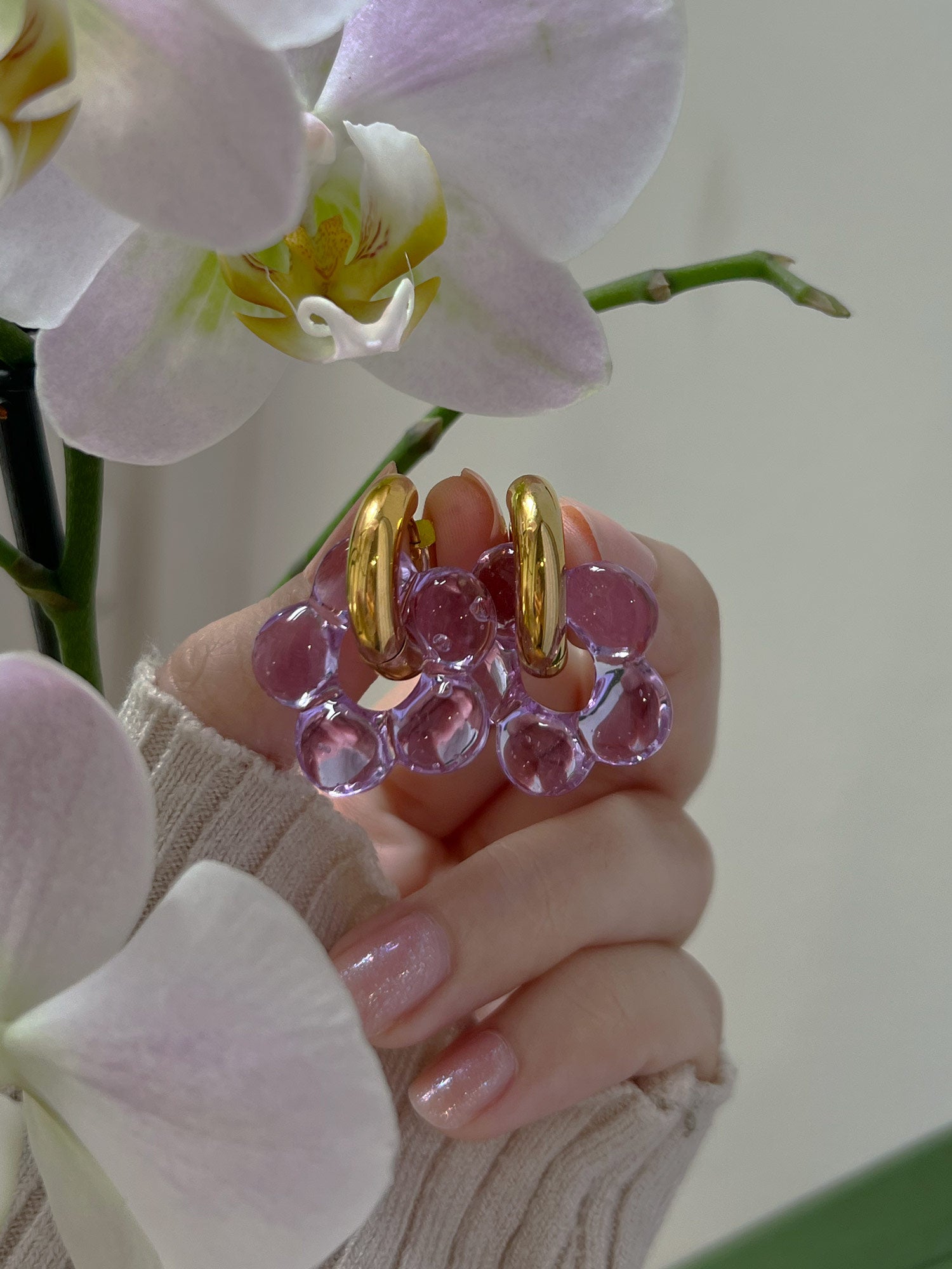 Glass Flower Donut Hoops - Lilac