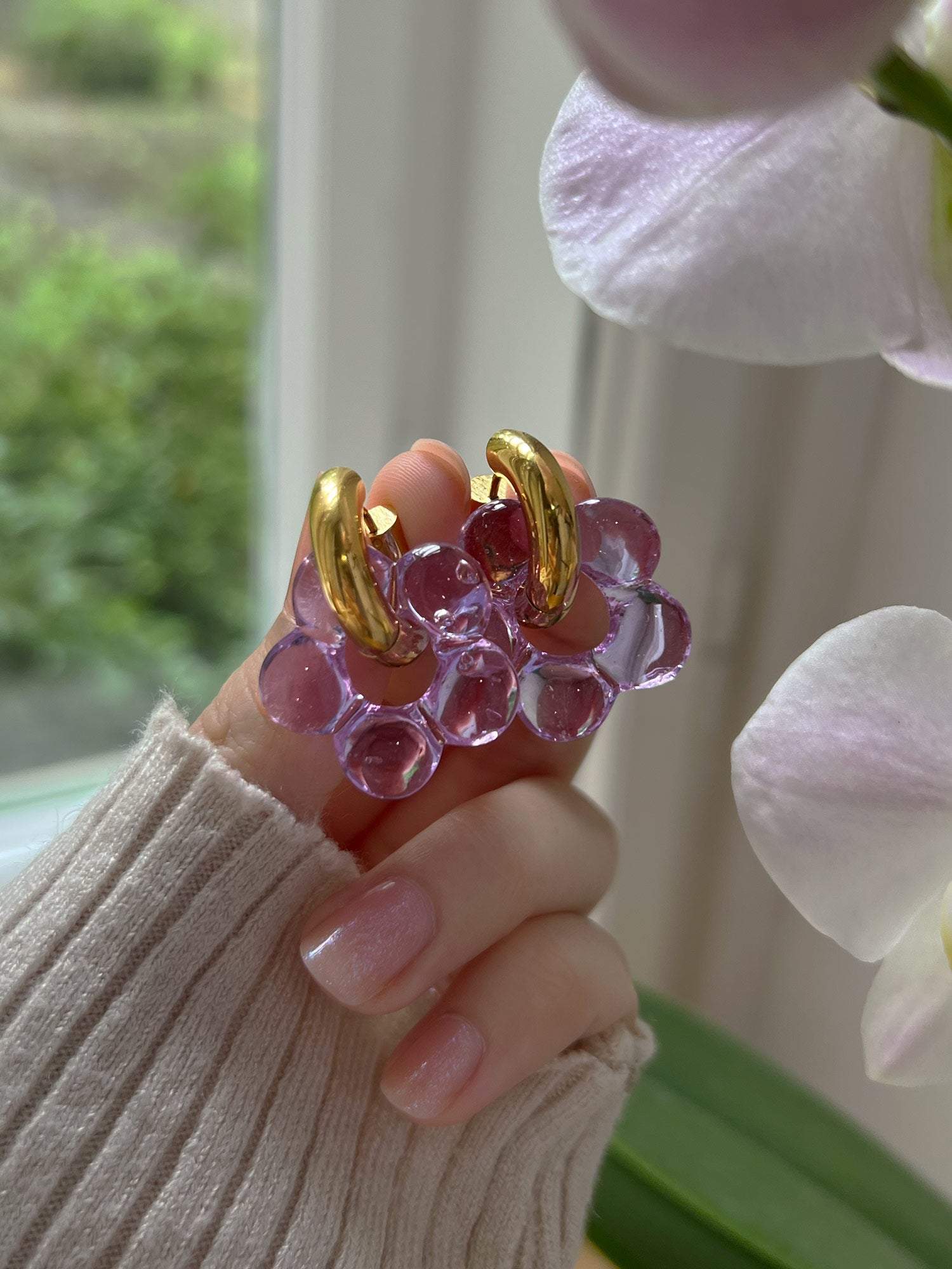 Glass Flower Donut Hoops - Lilac