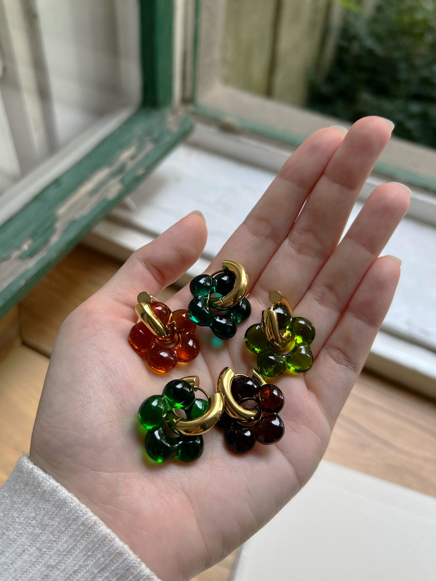 Glass Flower Donut Hoops - Pistachio Green