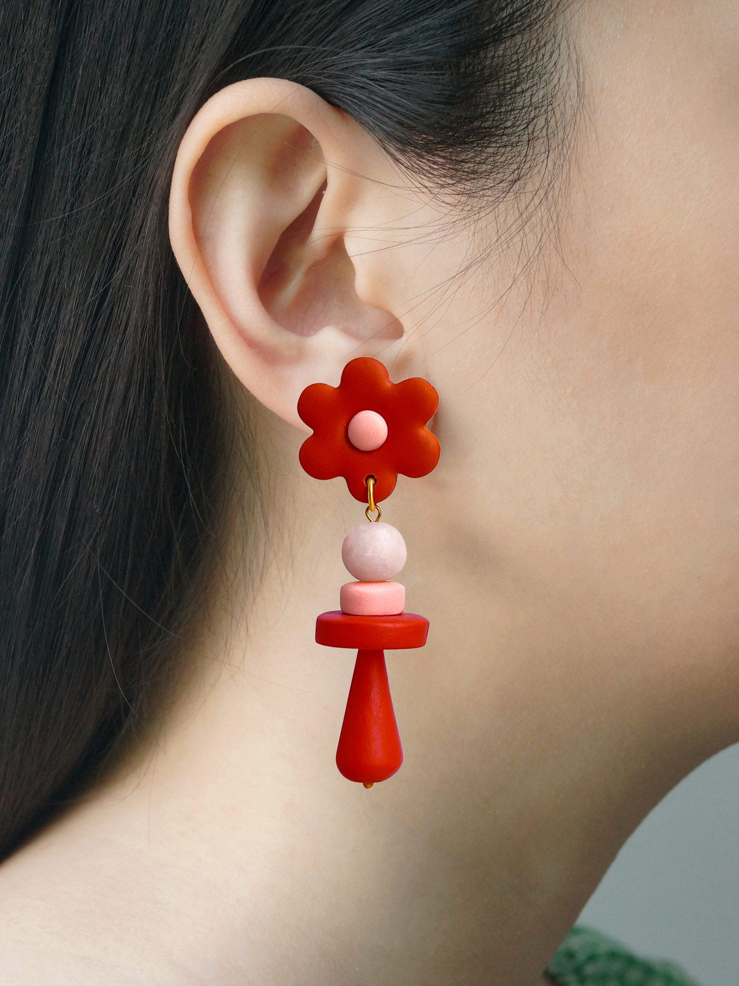 Happy Bloom Flower Drop Earrings - Fortune Red