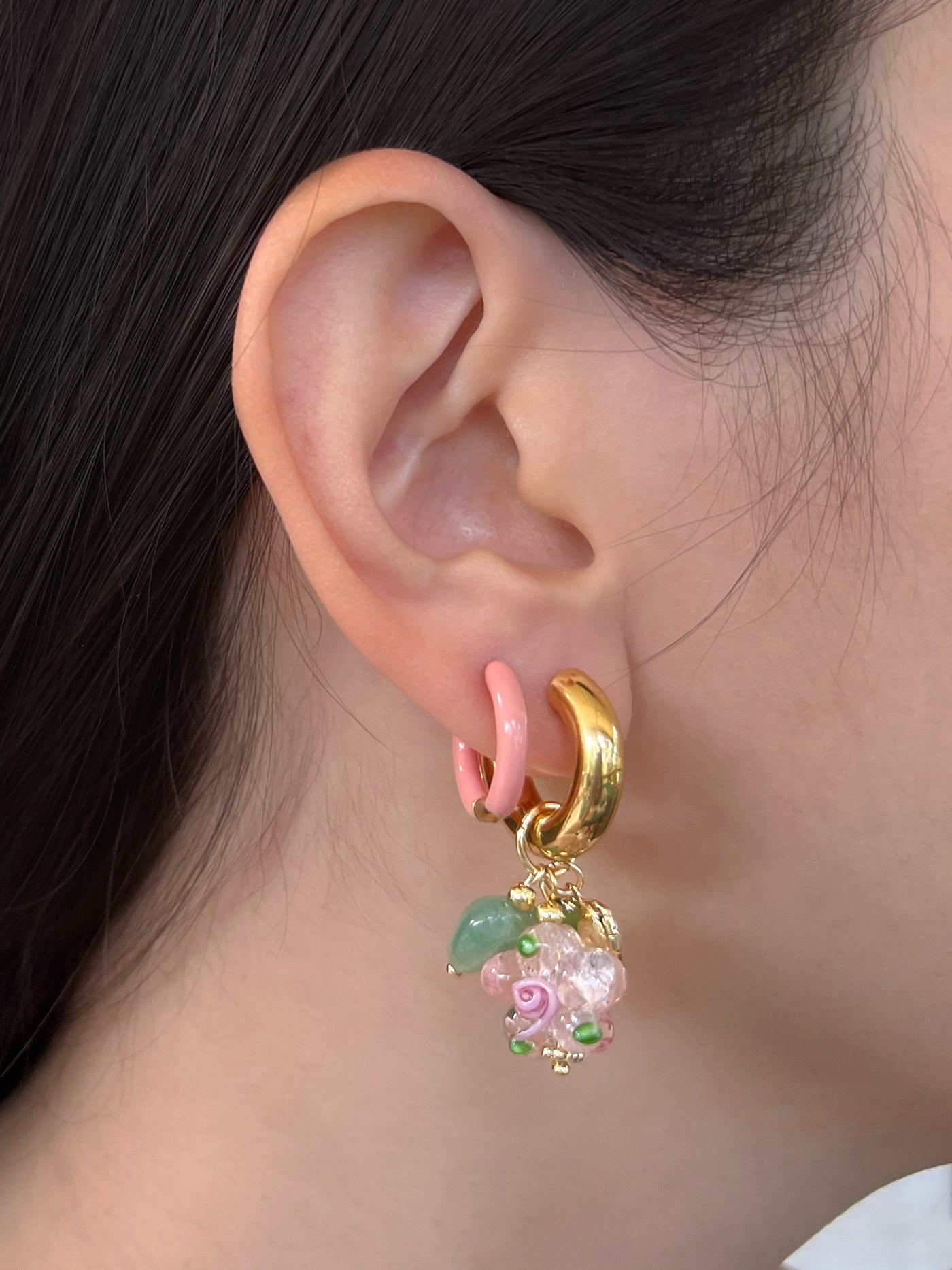 Pink Glass Flower Chunky Hoops - Heart Locket/Green Aventurine