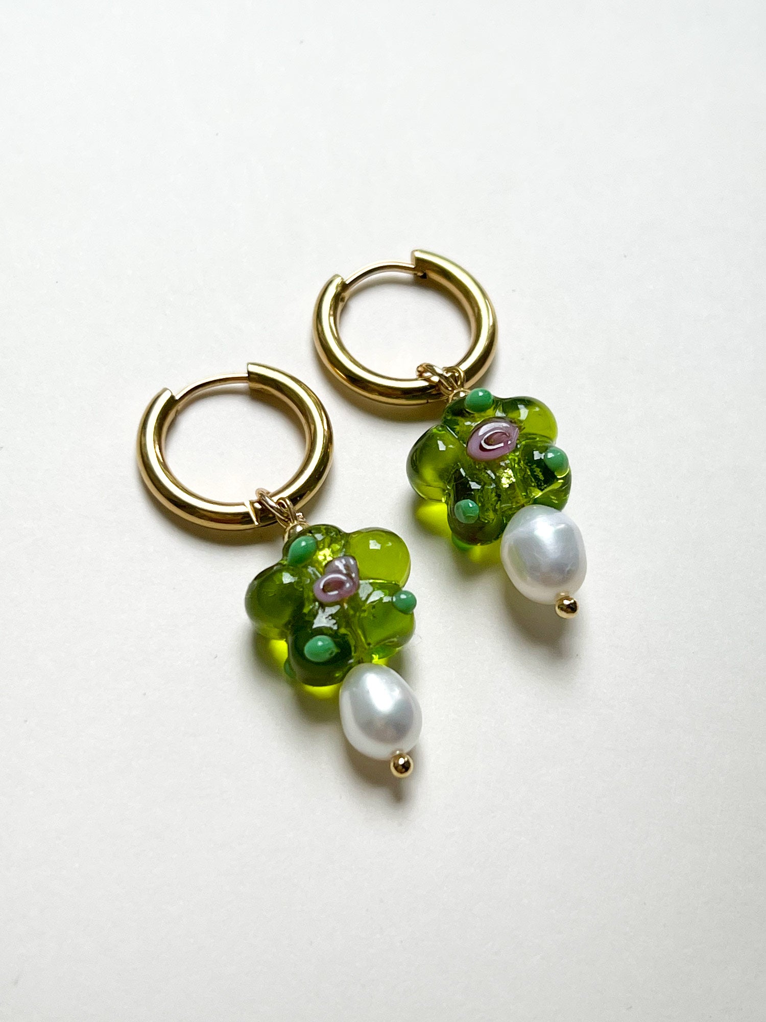 Glass Flower & Pearl Hoop Earrings - Apple green