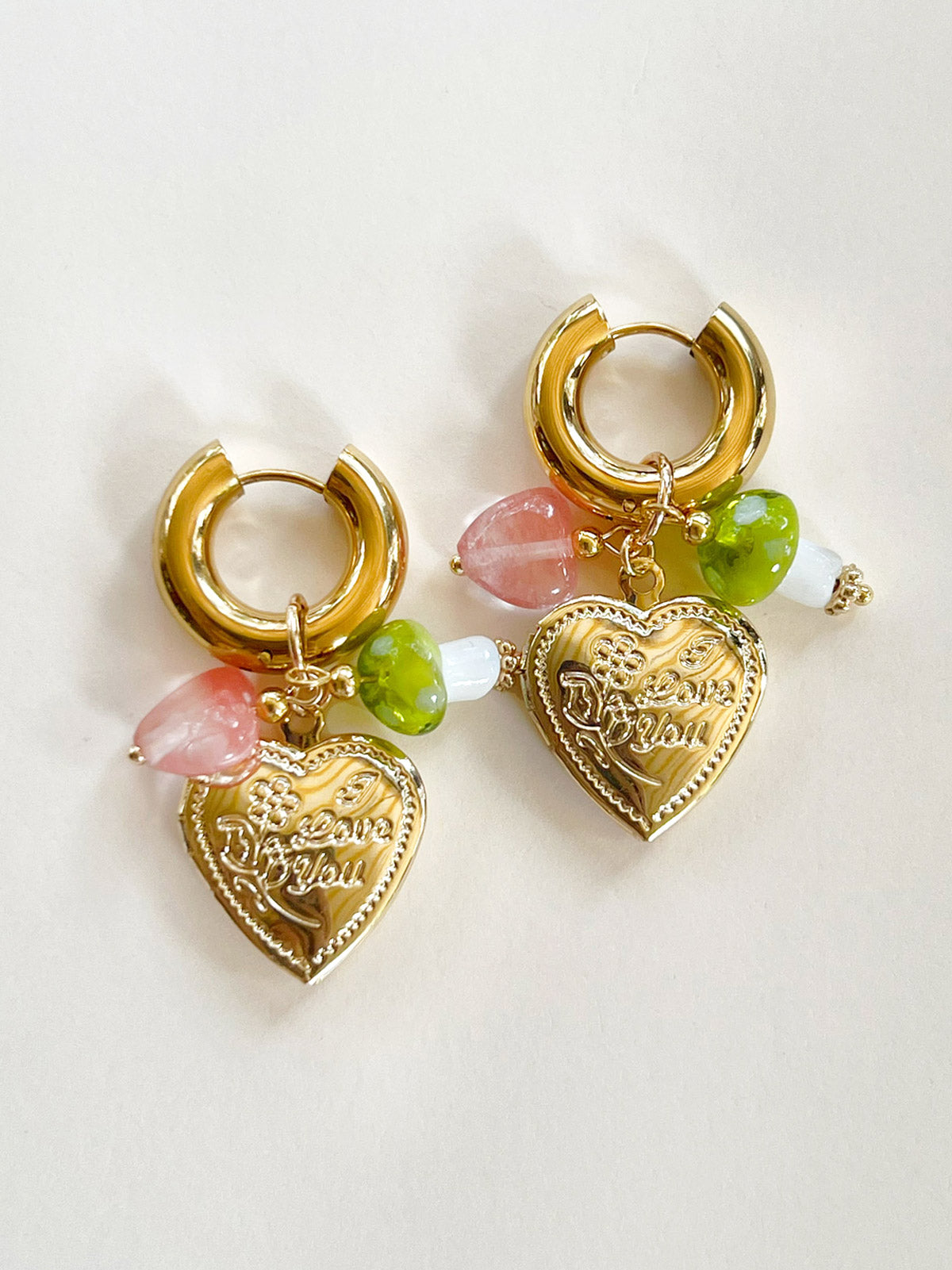 Heart Locket Chunky Hoops - Green Mushroom/Watermelon heart crystal