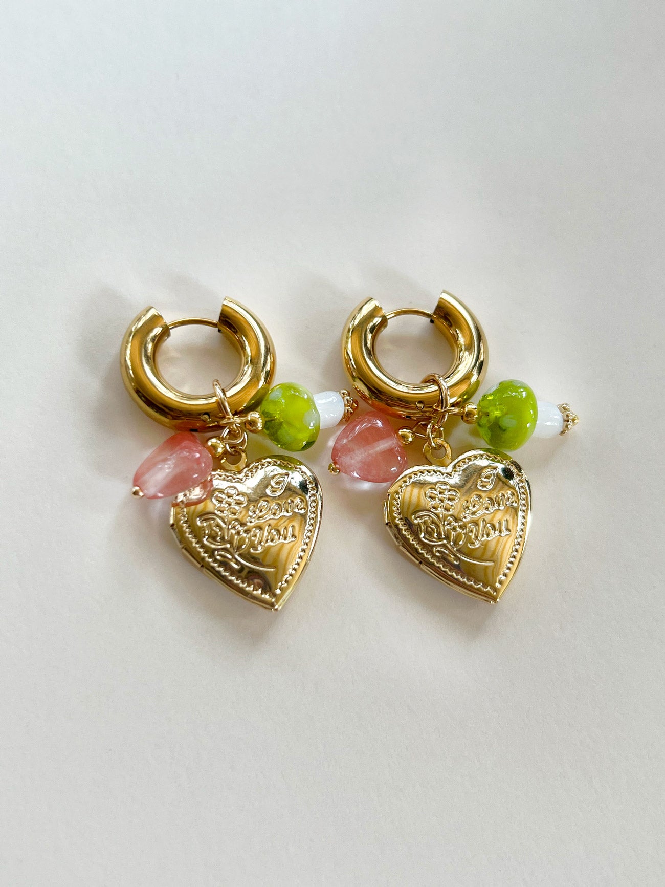 Heart Locket Chunky Hoops - Green Mushroom/Watermelon heart crystal
