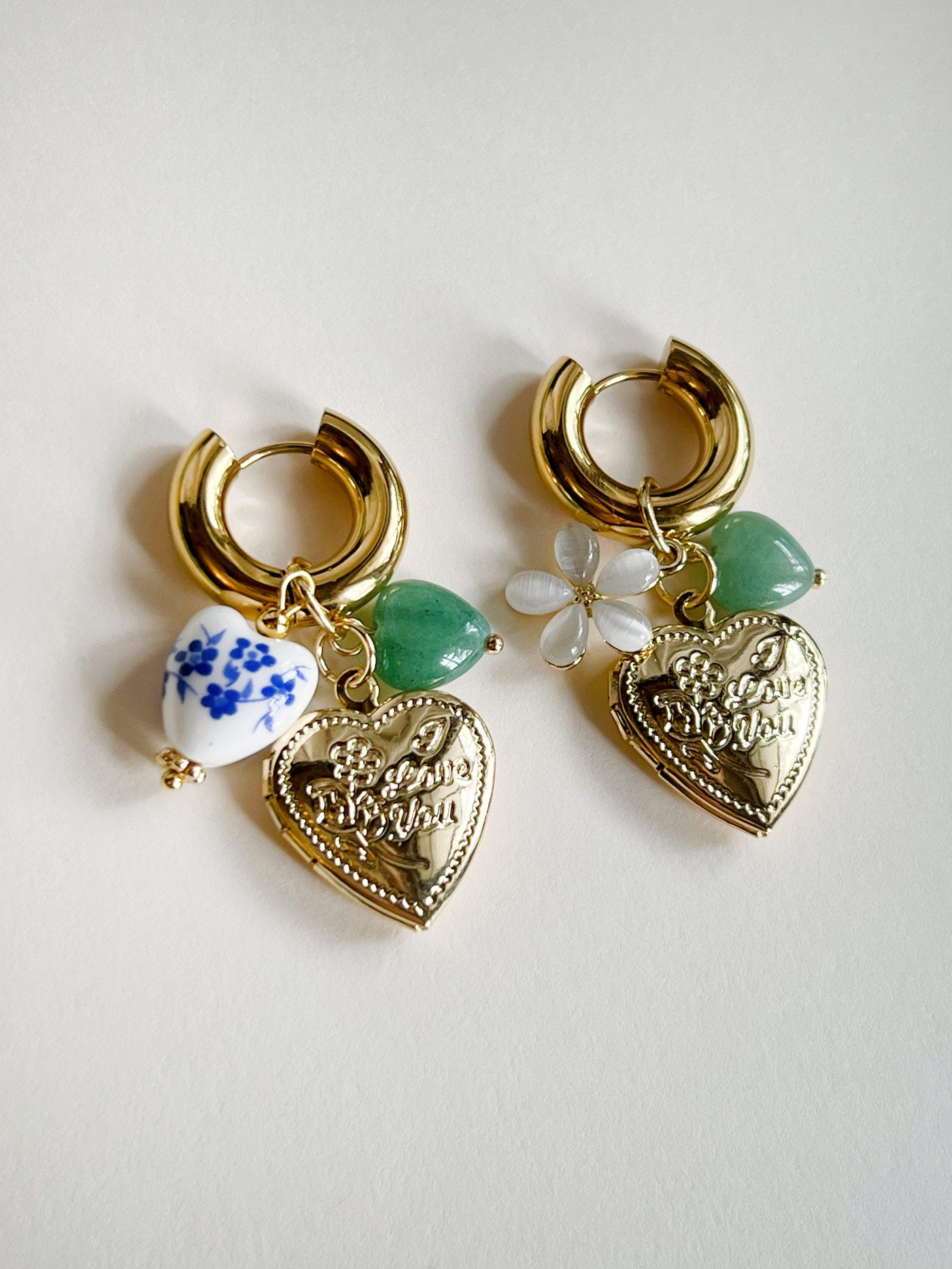 Chunky Heart Locket Hoops - Blue Ceramic Heart/Green Stones