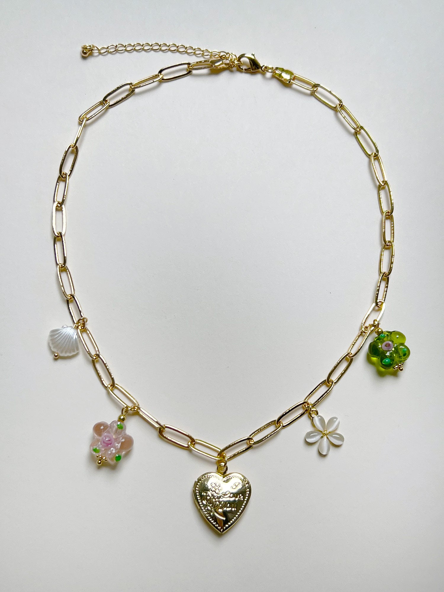 Heart Locket Charm Necklace - Glass Flowers