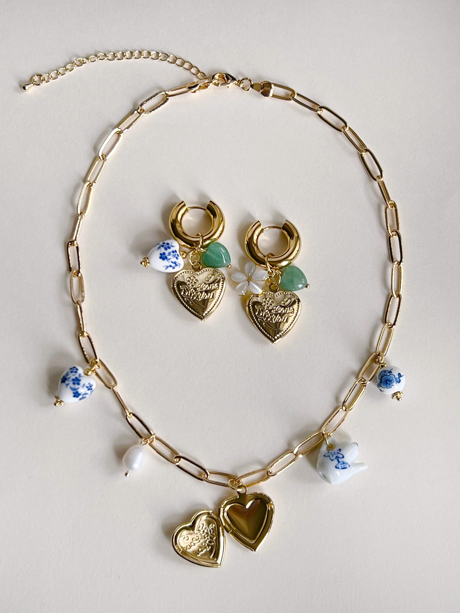 Chunky Heart Locket Hoops - Blue Ceramic Heart/Green Stones