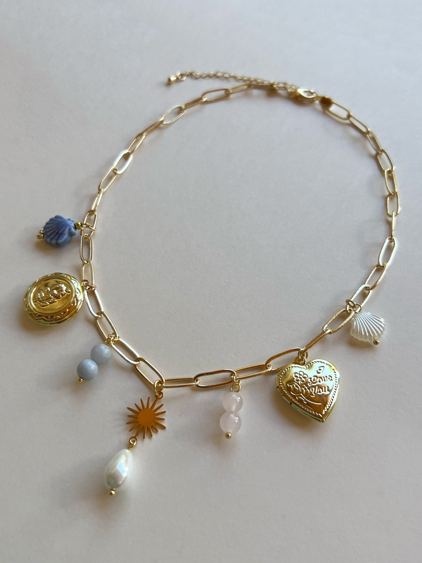 Mermaid Charm Necklace - Gold Lockets, Seashells & Stone Crystals