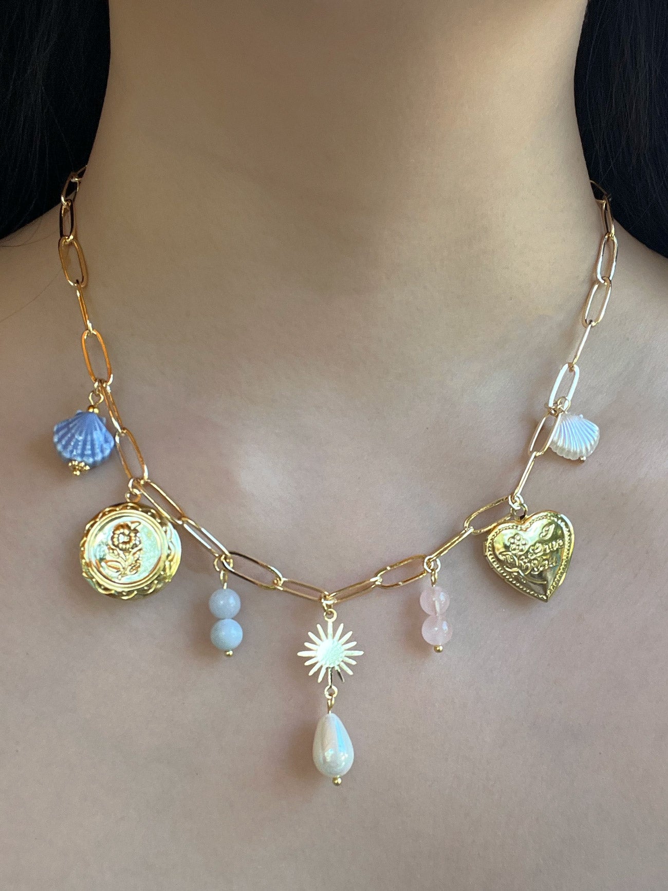 Mermaid Charm Necklace - Gold Lockets, Seashells & Stone Crystals