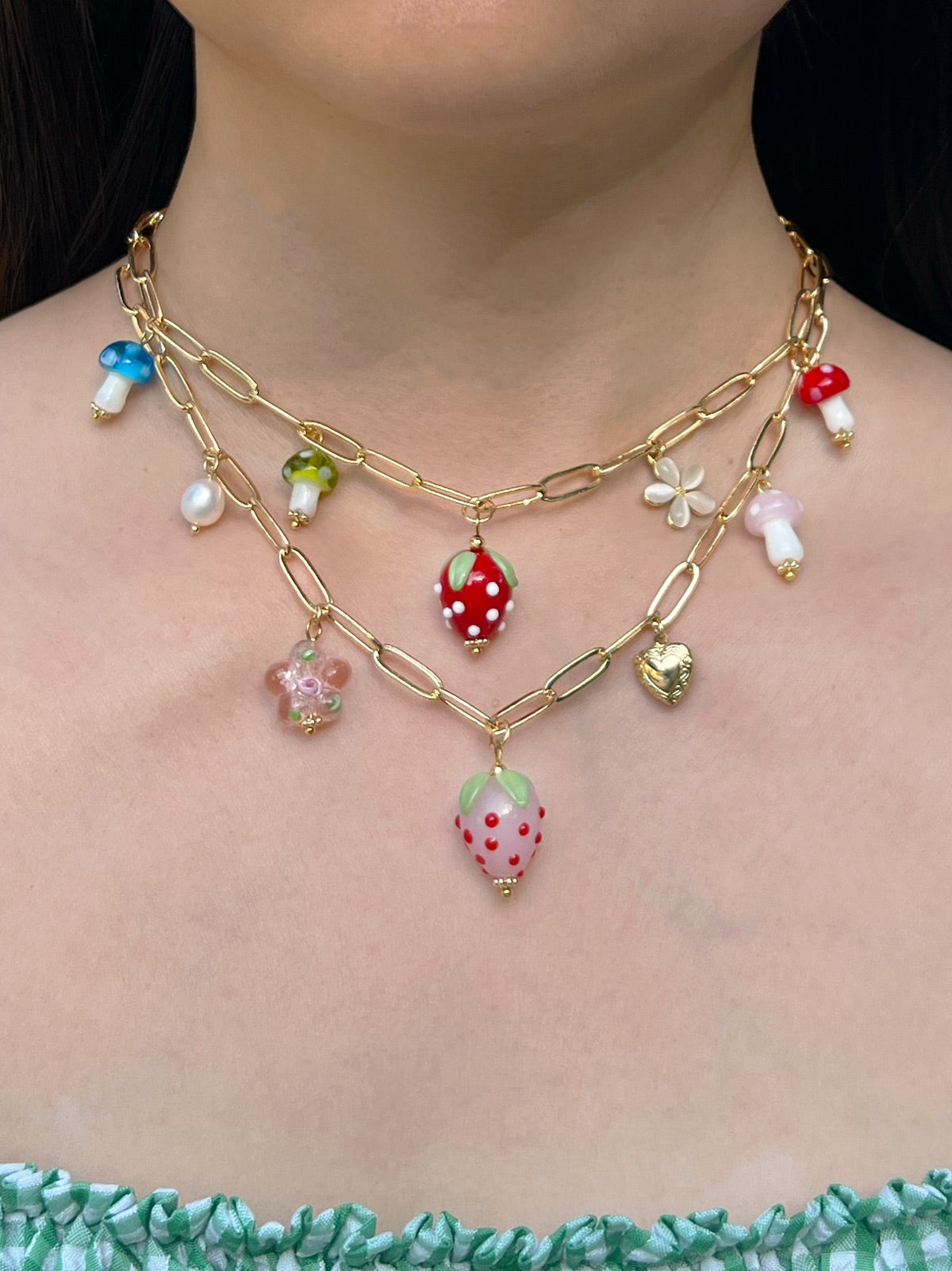Red Strawberry Charm Necklace with Colourful Mushrooms
