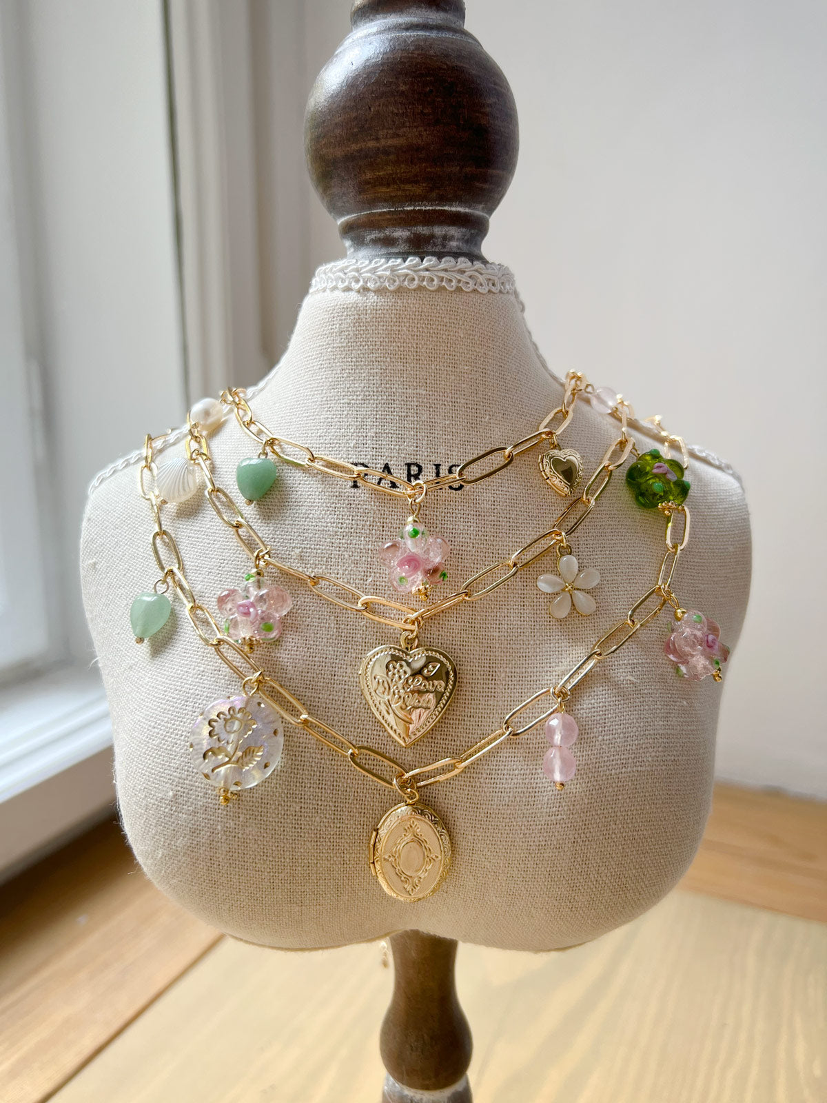 Pink Glass Flower Charm Necklace - Locket/Crystals