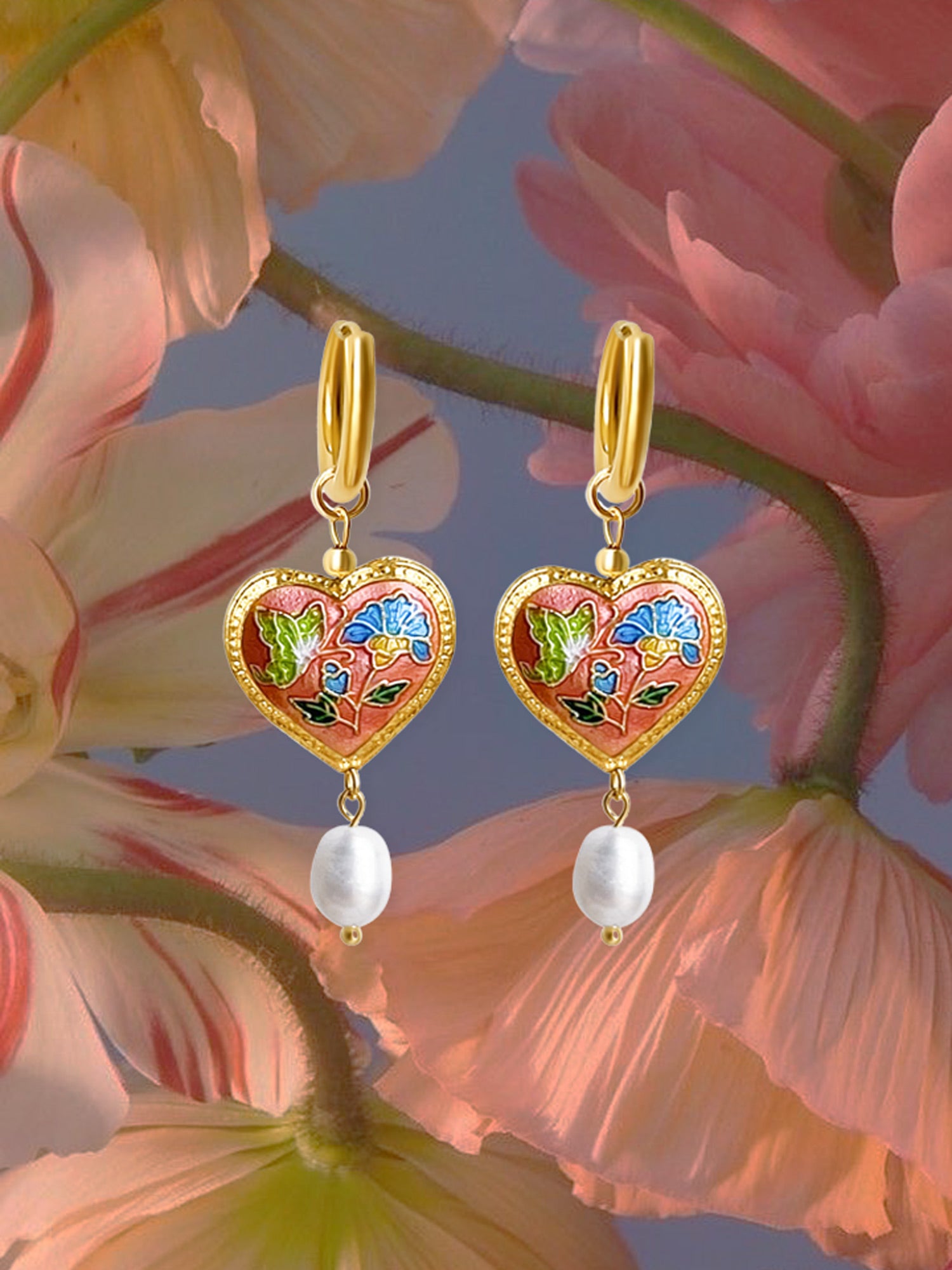 Pink Cloisonne Heart Dangling Earrings with Pearl