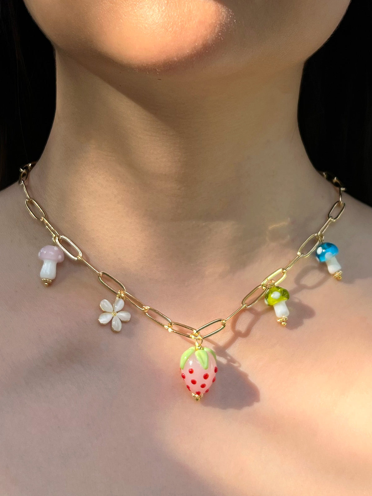 Pink Strawberry Charm Necklace with Colourful Mushrooms