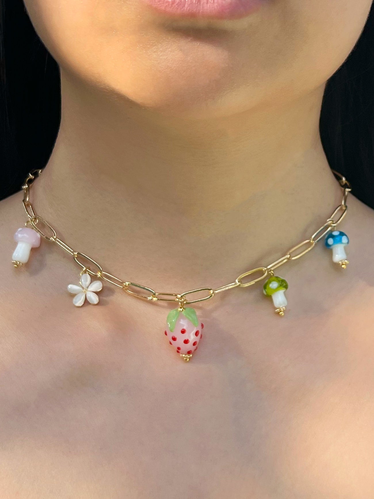Pink Strawberry Charm Necklace with Colourful Mushrooms