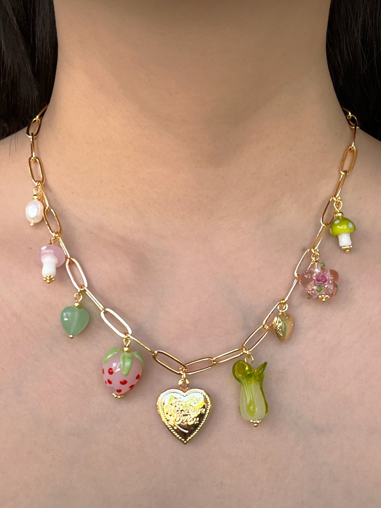 Fruits & Veggies Heart Locket Charm Necklace - Pink Strawberry, Bok Choy & Mushrooms