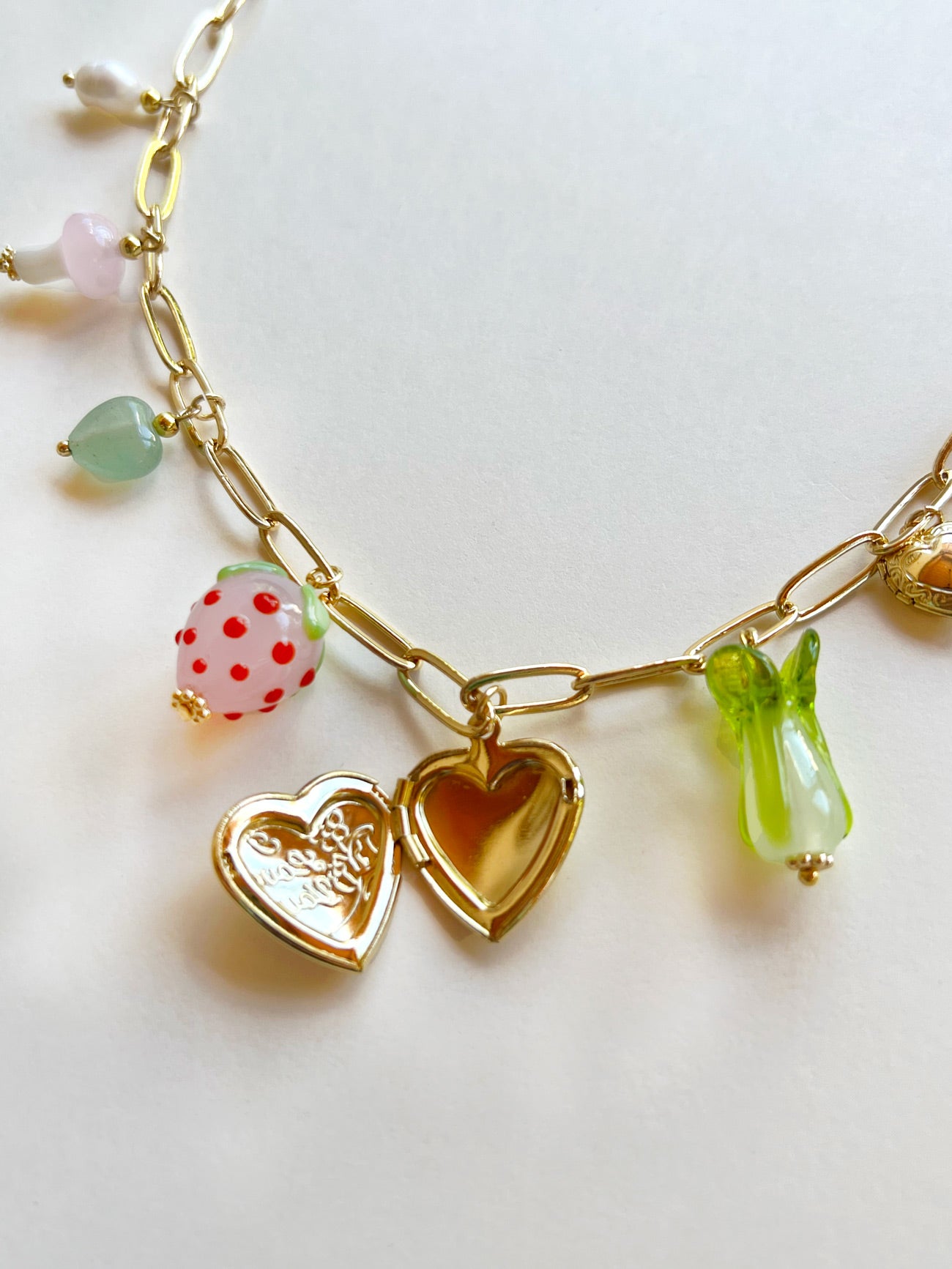 Fruits & Veggies Heart Locket Charm Necklace - Pink Strawberry, Bok Choy & Mushrooms