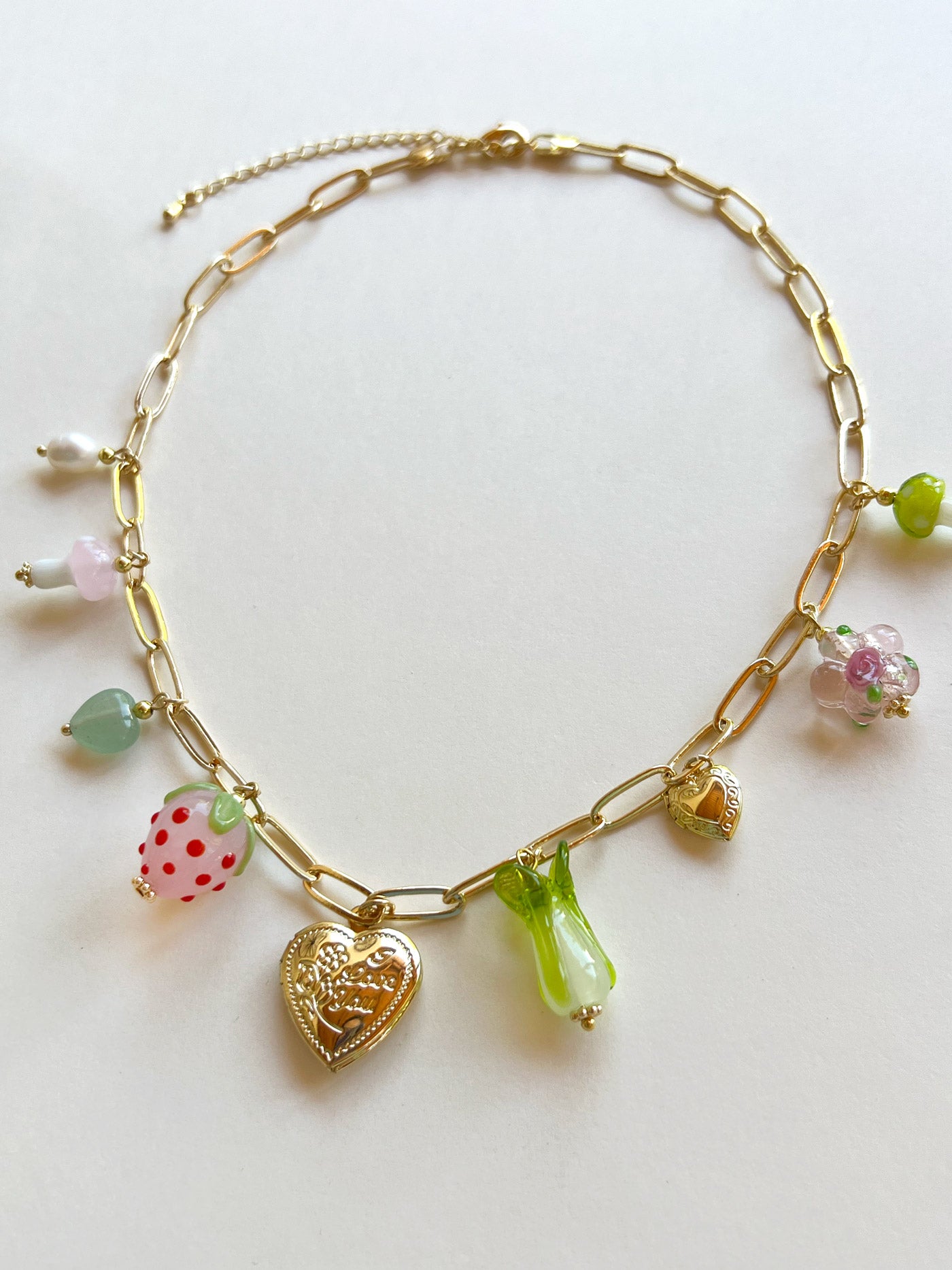 Fruits & Veggies Heart Locket Charm Necklace - Pink Strawberry, Bok Choy & Mushrooms