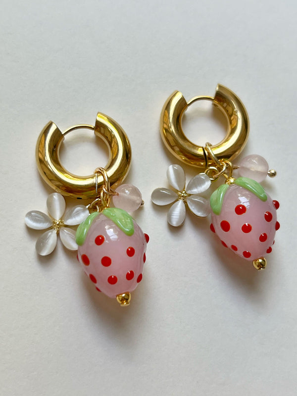 Chunky Strawberry Hoops with Assorted Charms - Pink