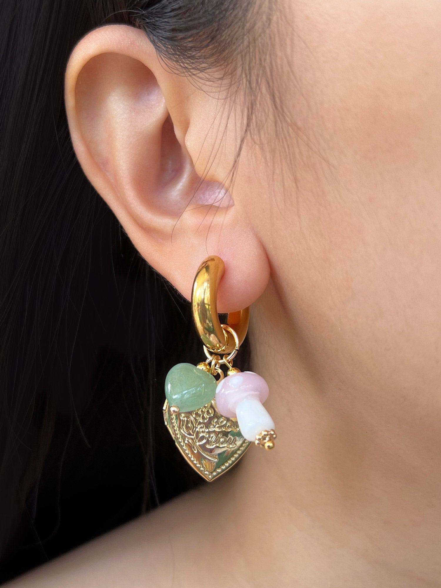 Heart Locket Chunky Hoops - Pink Mushroom/Jade heart crystal