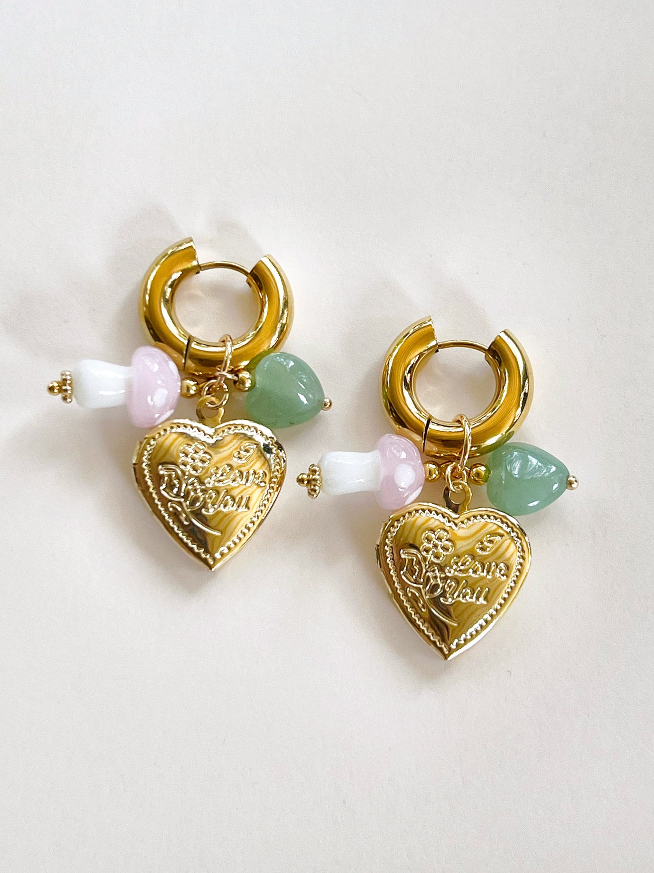 Heart Locket Chunky Hoops - Pink Mushroom/Jade heart crystal