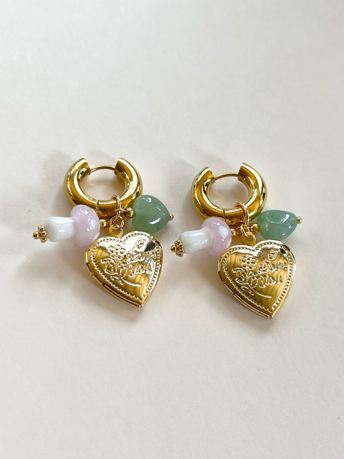 Heart Locket Chunky Hoops - Pink Mushroom/Jade heart crystal