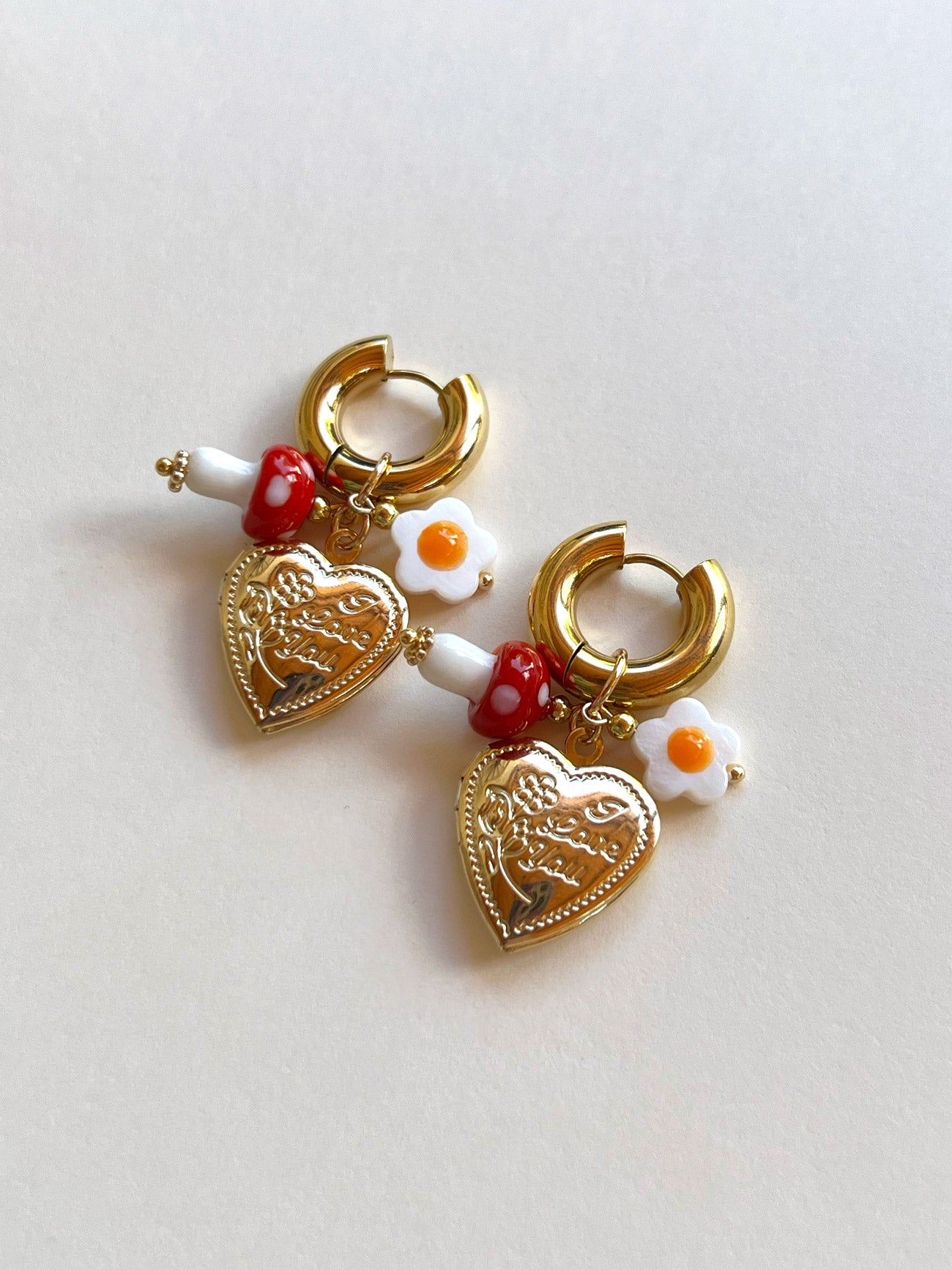 Heart Locket Chunky Hoops - Red Mushroom/Eggy Flower