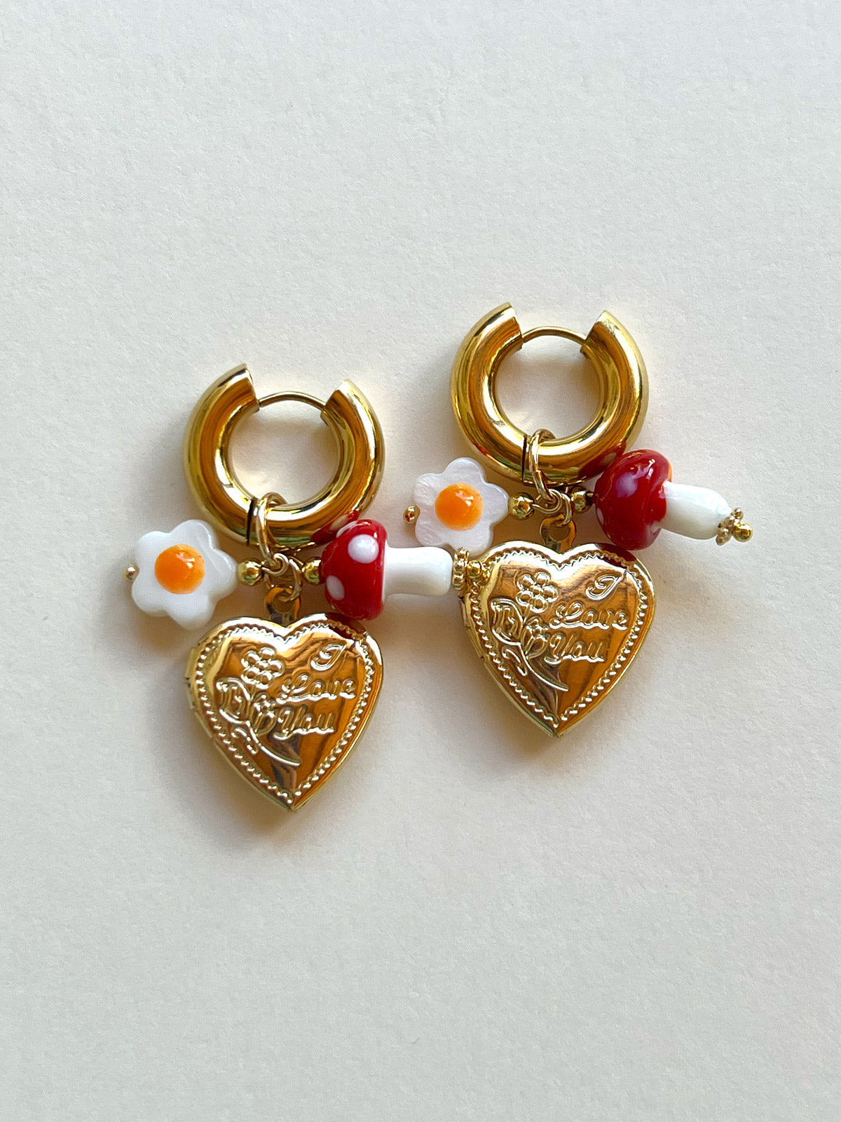 Heart Locket Chunky Hoops - Red Mushroom/Eggy Flower