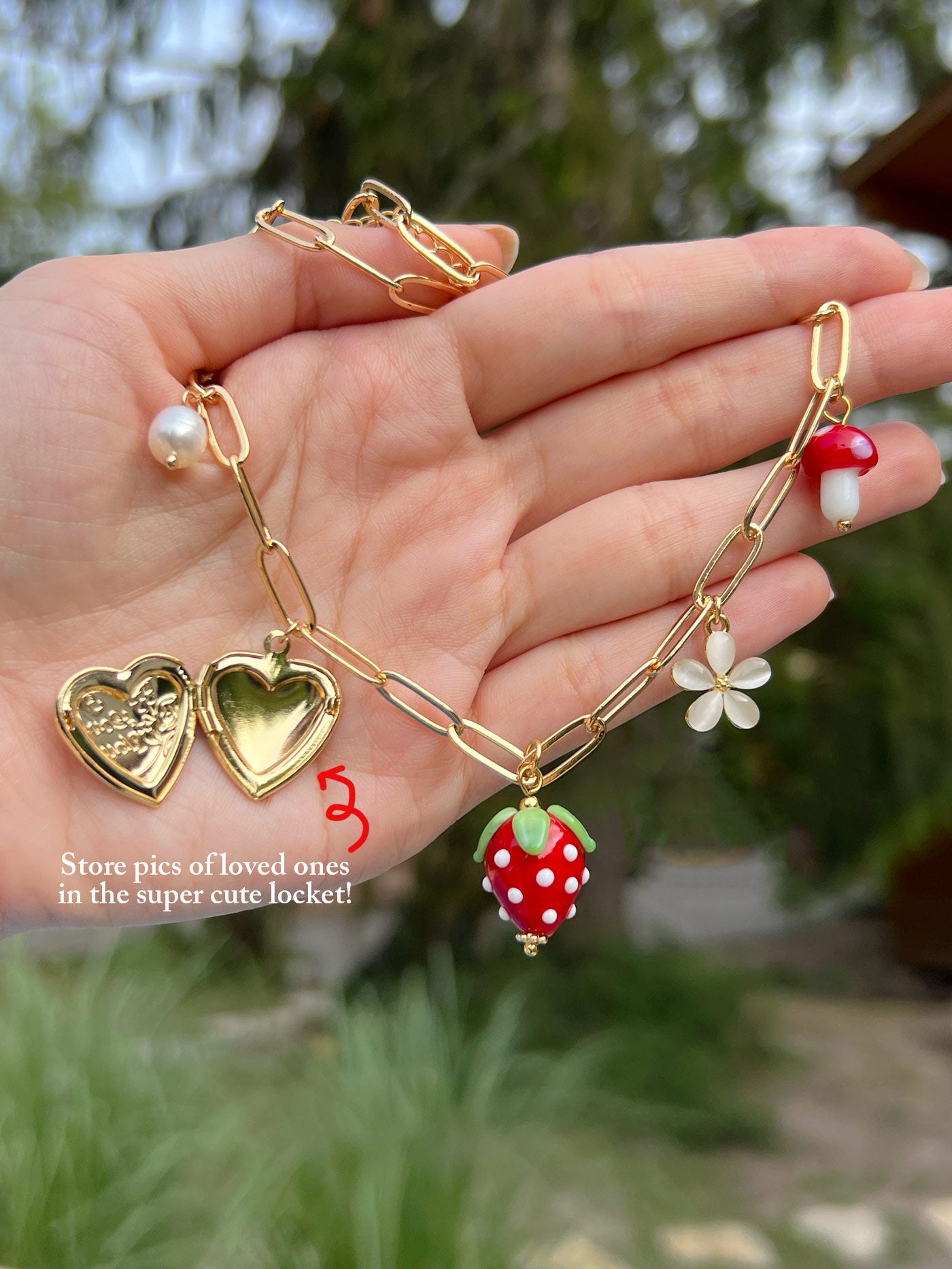 Red Strawberry Charm Necklace with Locket