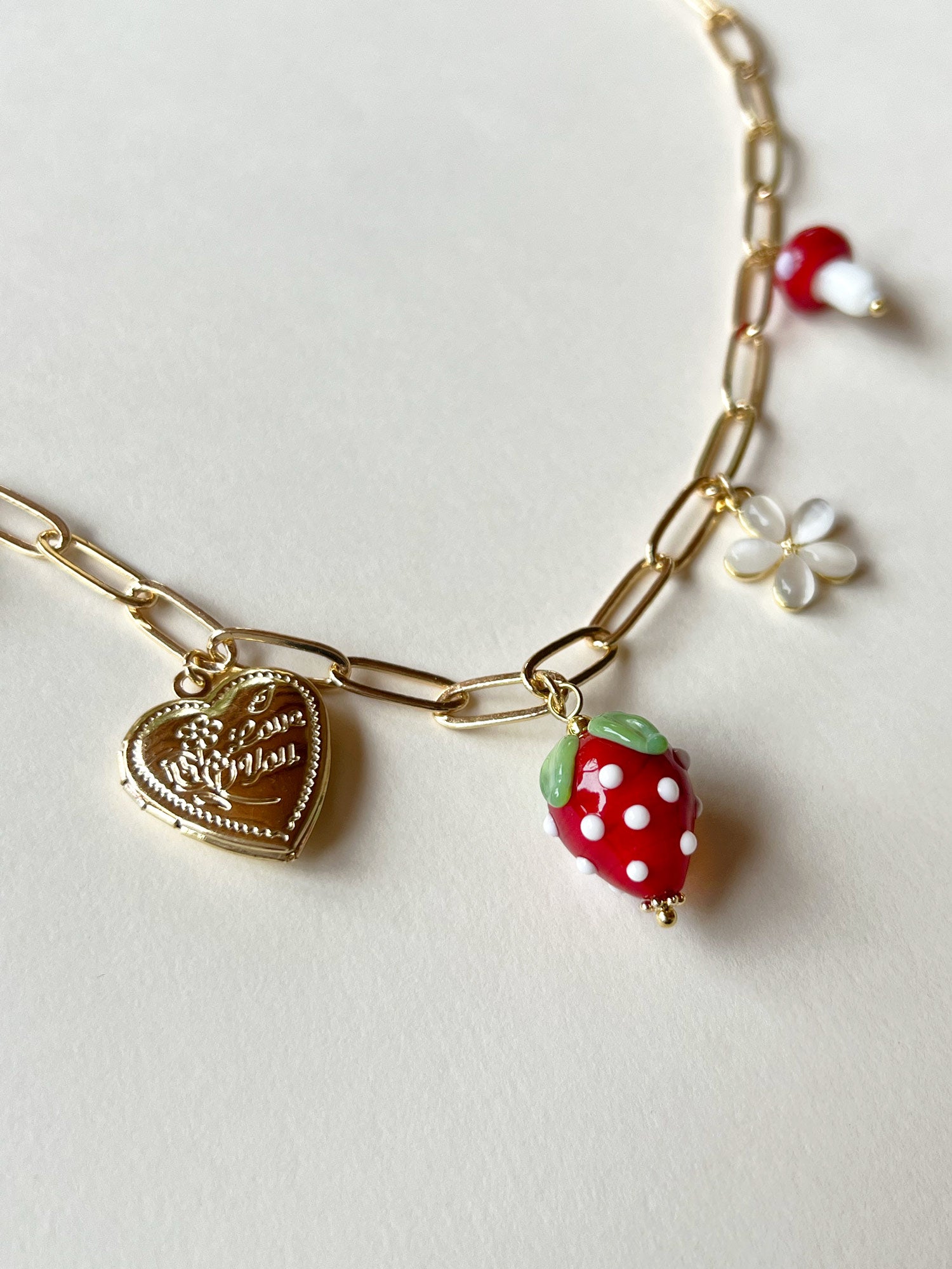 Red Strawberry Charm Necklace with Locket