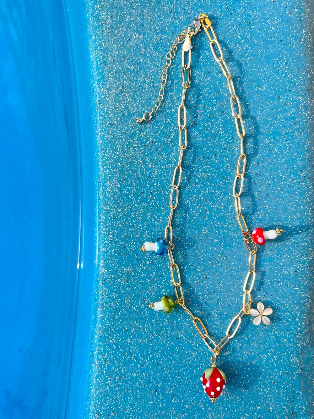 Red Strawberry Charm Necklace with Colourful Mushrooms