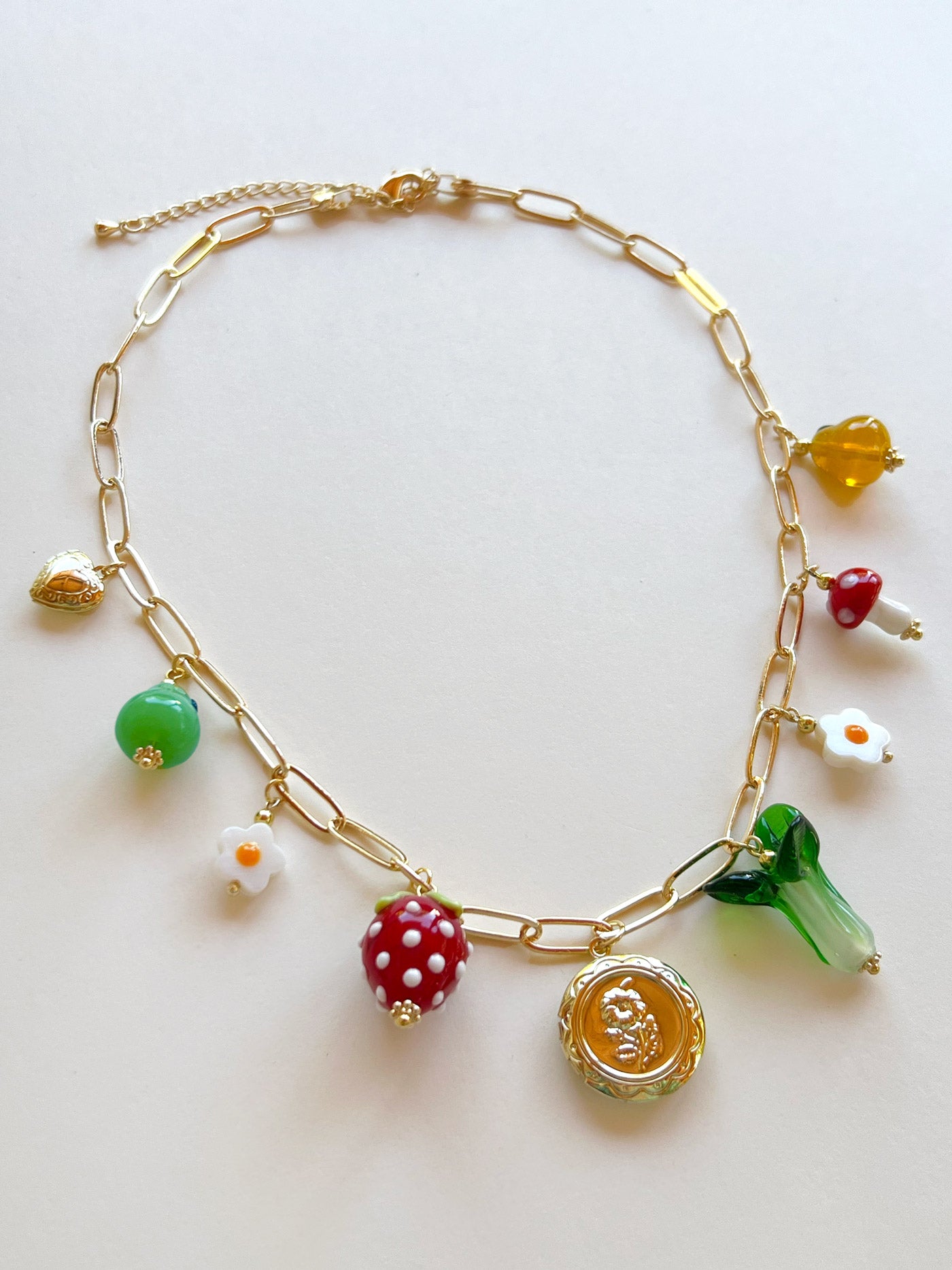 Fruits & Veggies Flower Locket Charm Necklace - Red Strawberry, Bok Choy & Pears