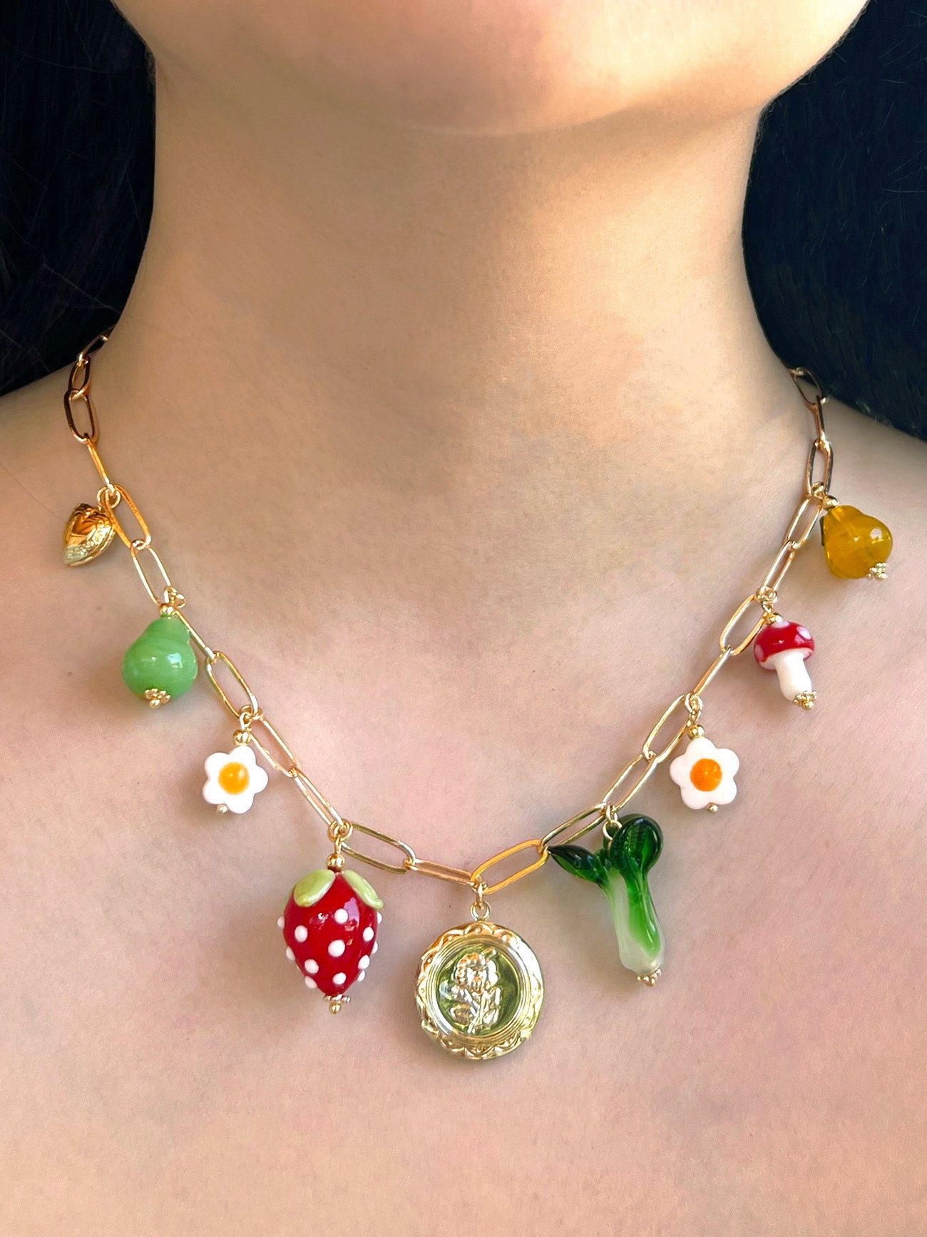Fruits & Veggies Flower Locket Charm Necklace - Red Strawberry, Bok Choy & Pears