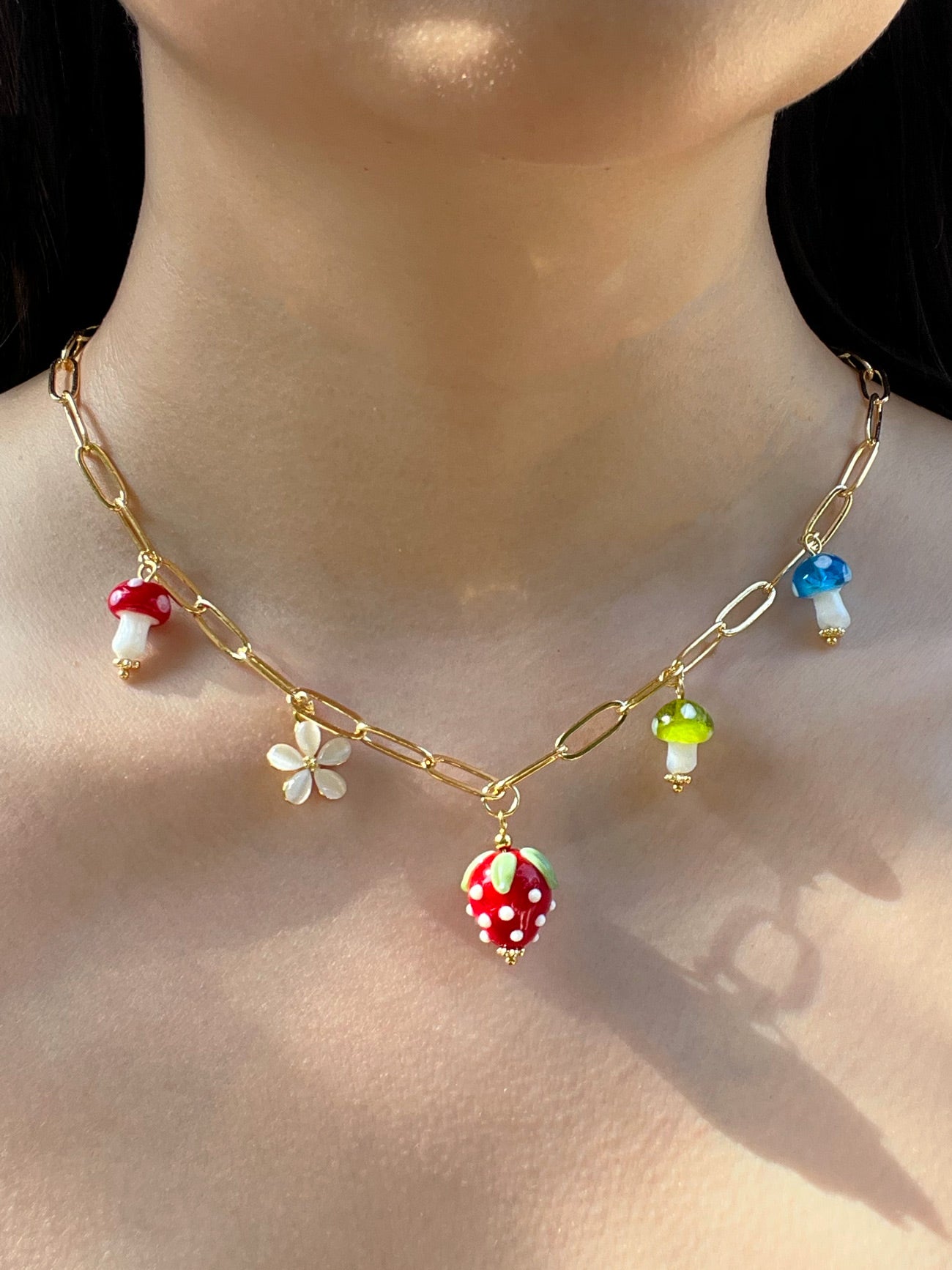 Red Strawberry Charm Necklace with Colourful Mushrooms
