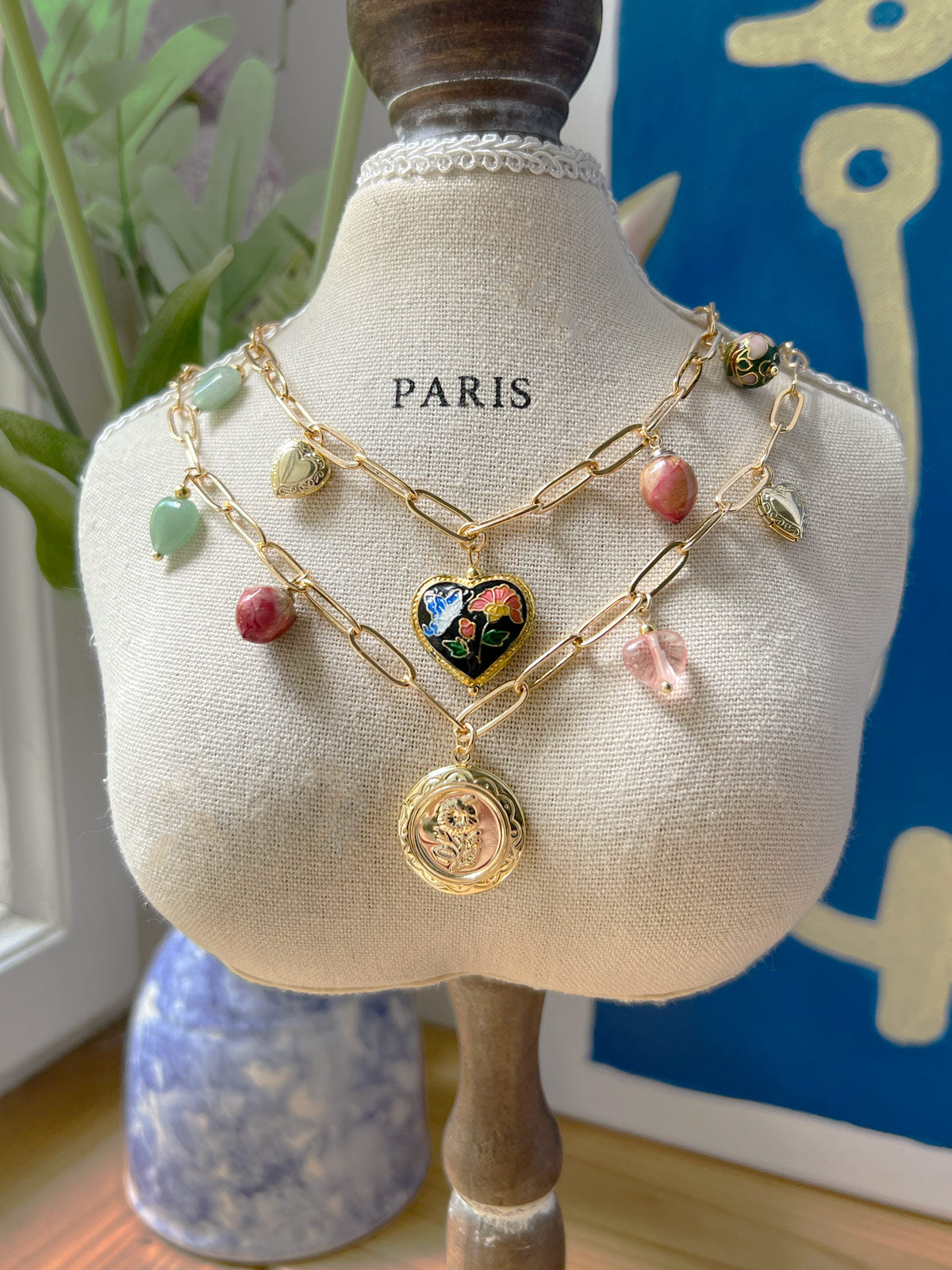 Heart Cloisonne Charm Necklace - Black Heart/Dried Rose